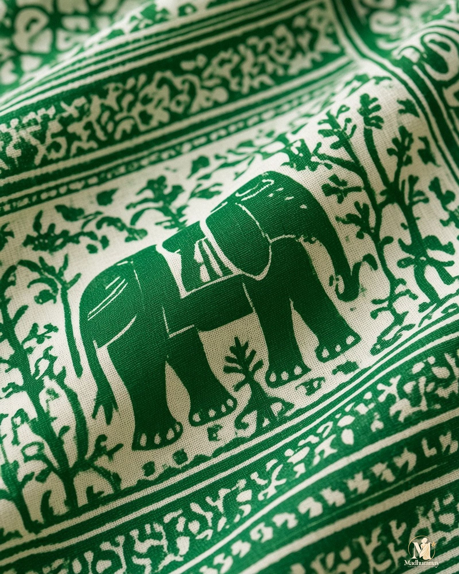 Light Green & White Utsav Kalamkari Elephant Saree, view 4 of 7