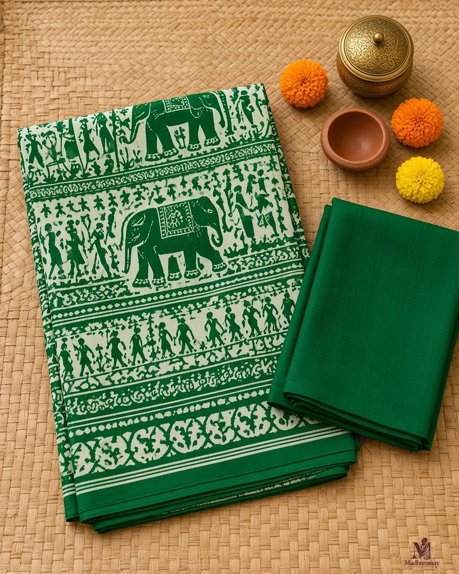 Light Green & White Utsav Kalamkari Elephant Saree, view 3 of 7