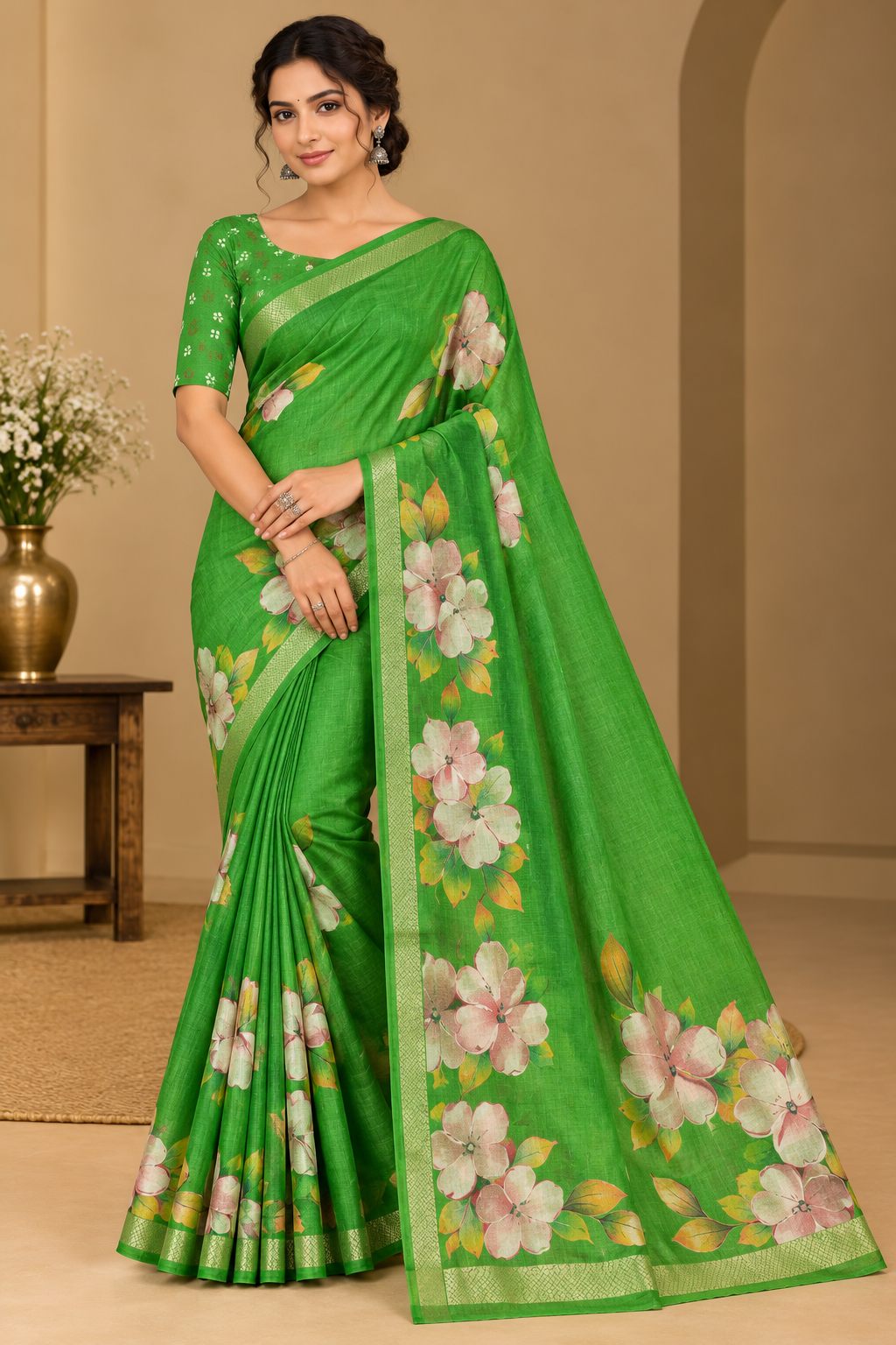 Green Festive Bloom Saree with Zari Border, view 6 of 7