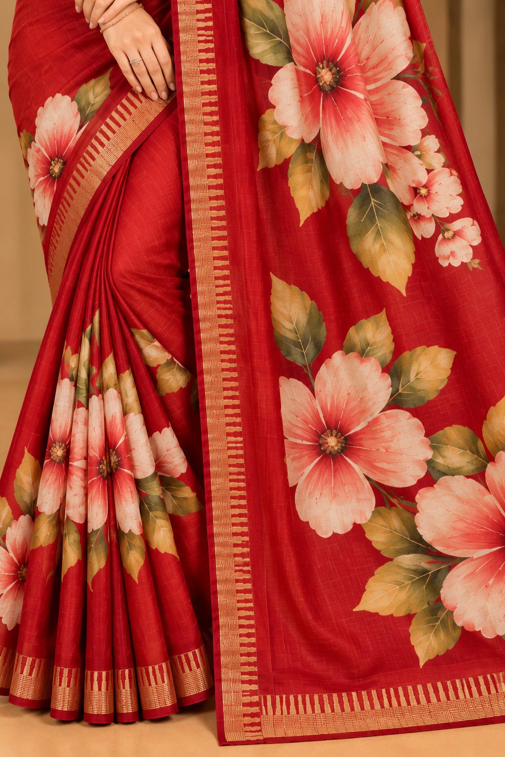 Cherry Red Festive Bloom Saree with Zari Border, view 7 of 11