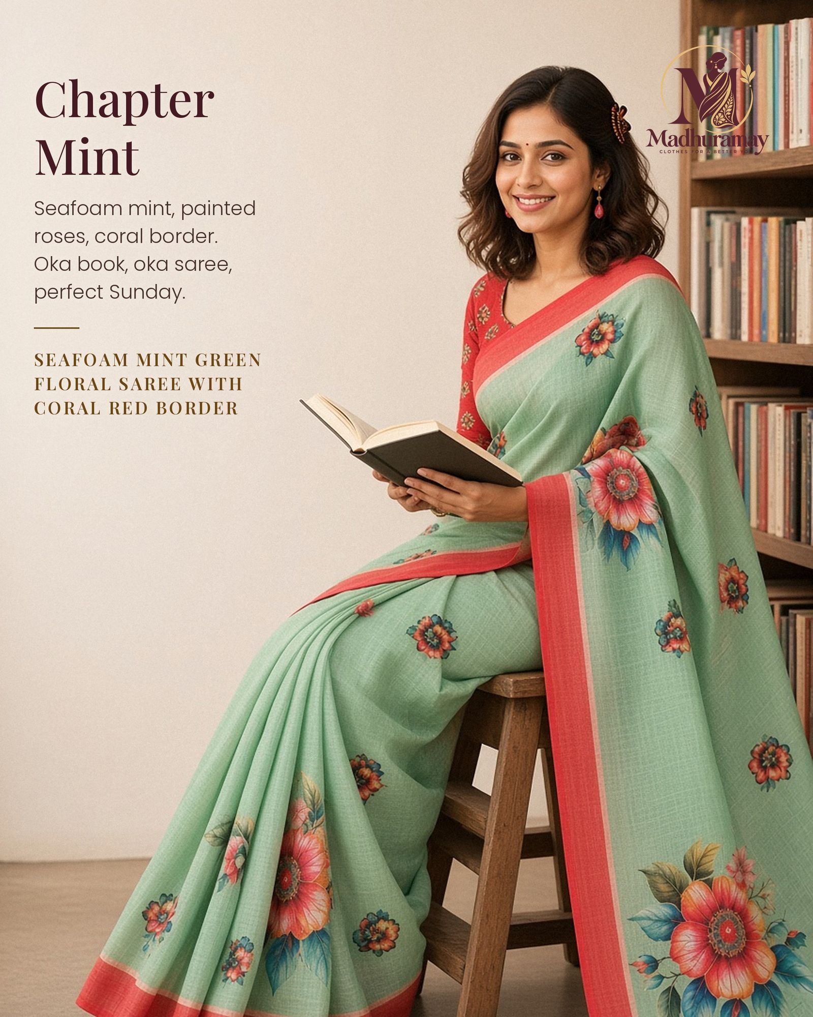 Seafoam Mint Floral Festive Saree with Coral Red Border
