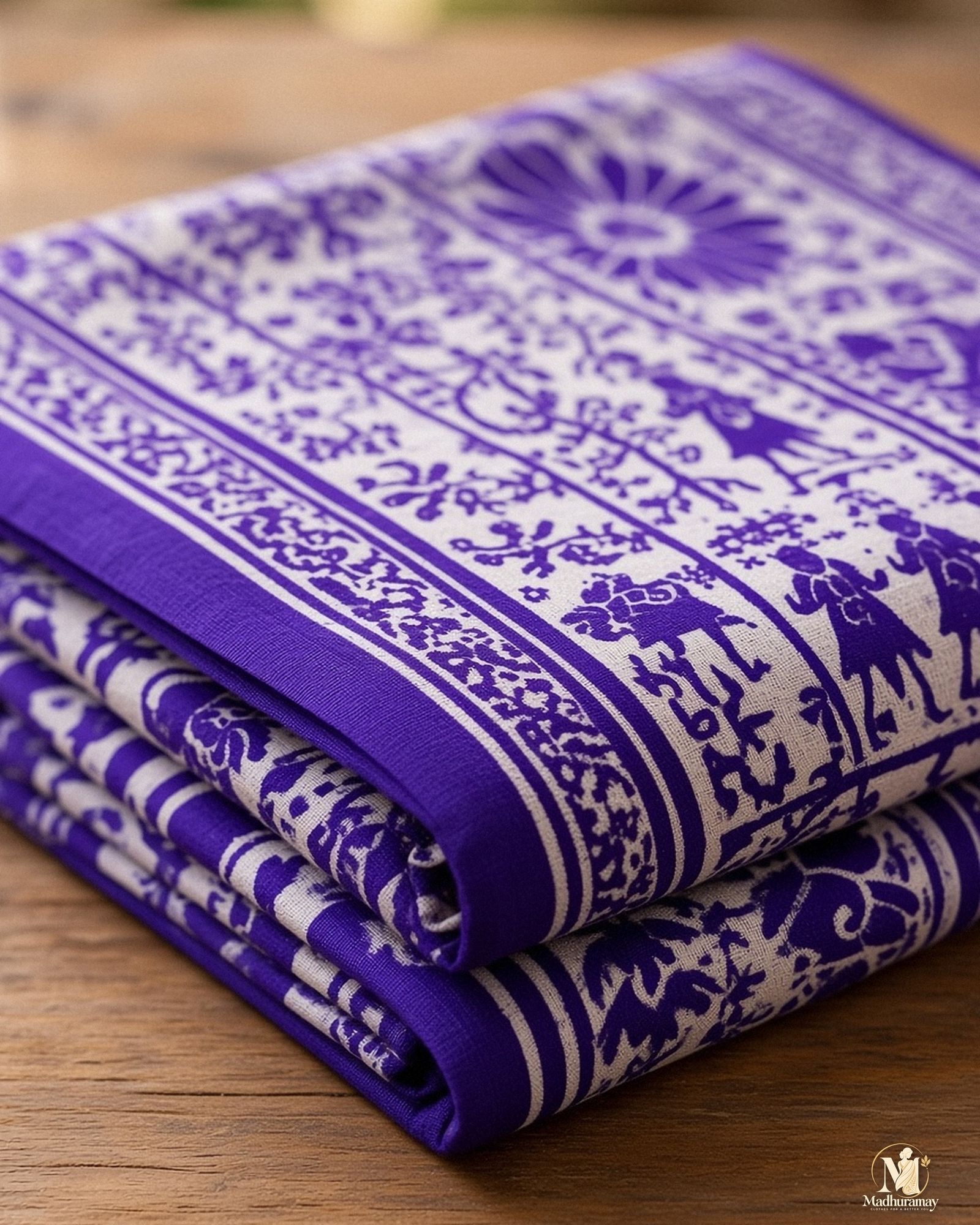 Purple & White Utsav Kalamkari Elephant Saree, view 4 of 7