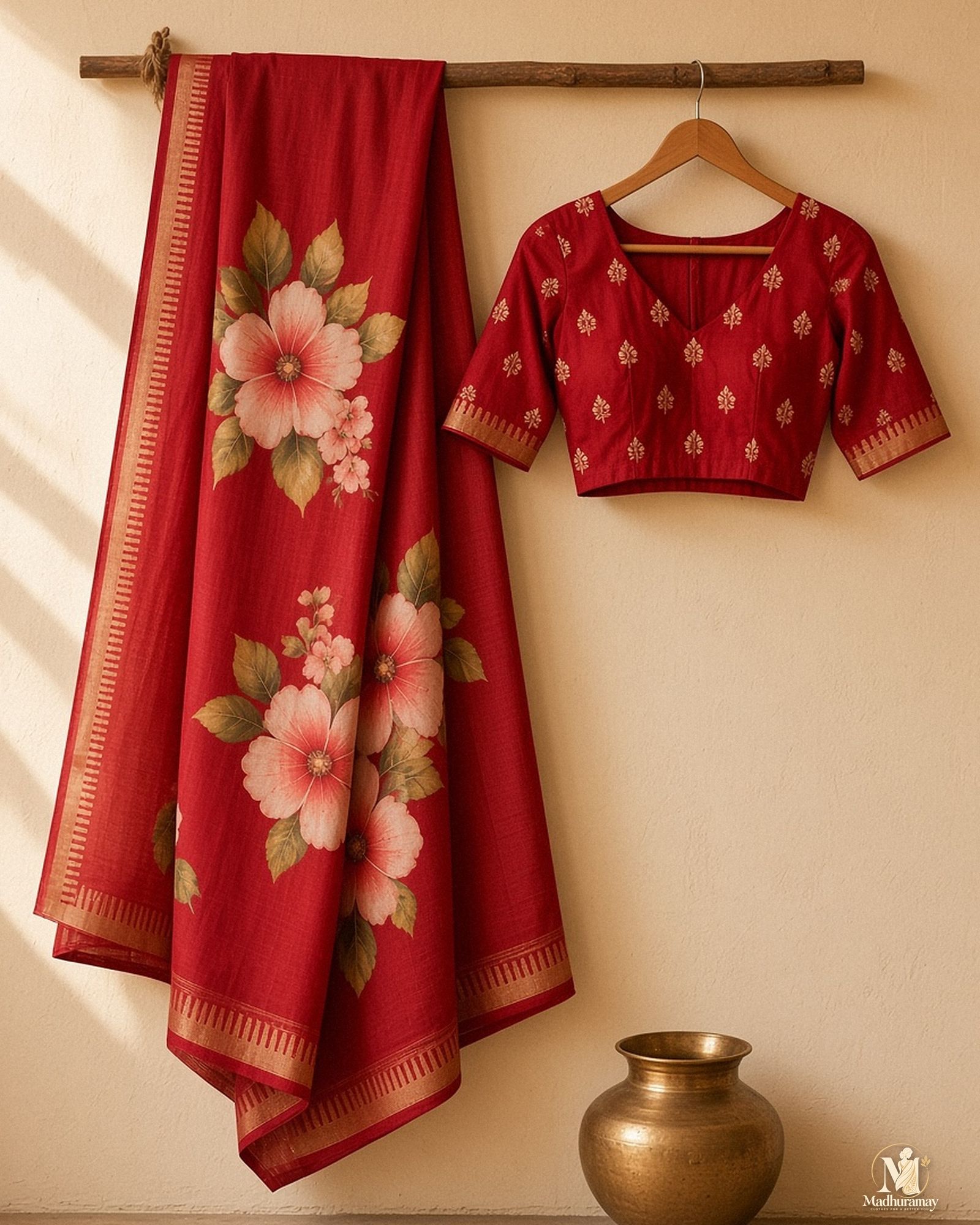 Cherry Red Festive Bloom Saree with Zari Border, view 2 of 11