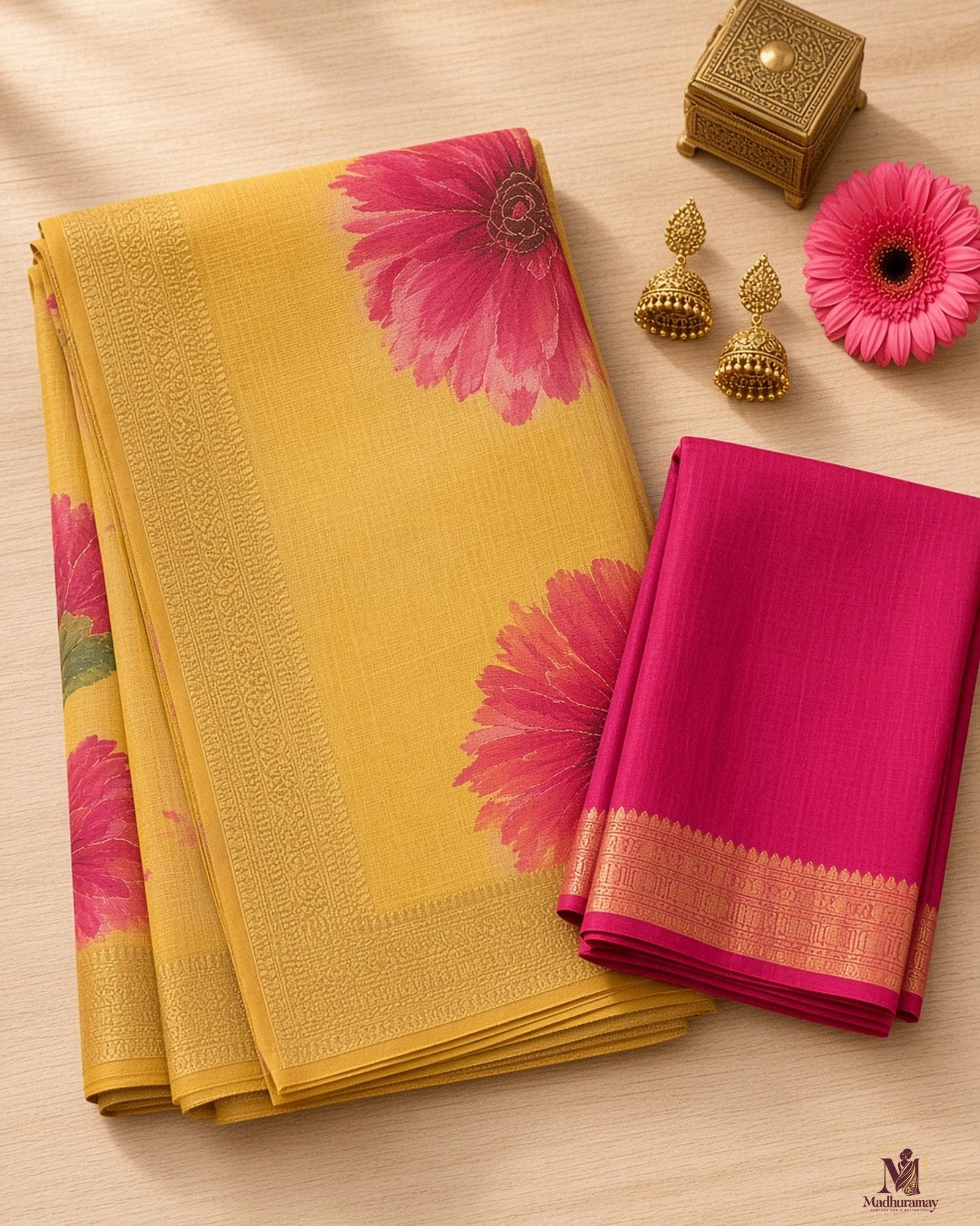 Mustard Yellow Golden Garden Festive Saree, view 3 of 9