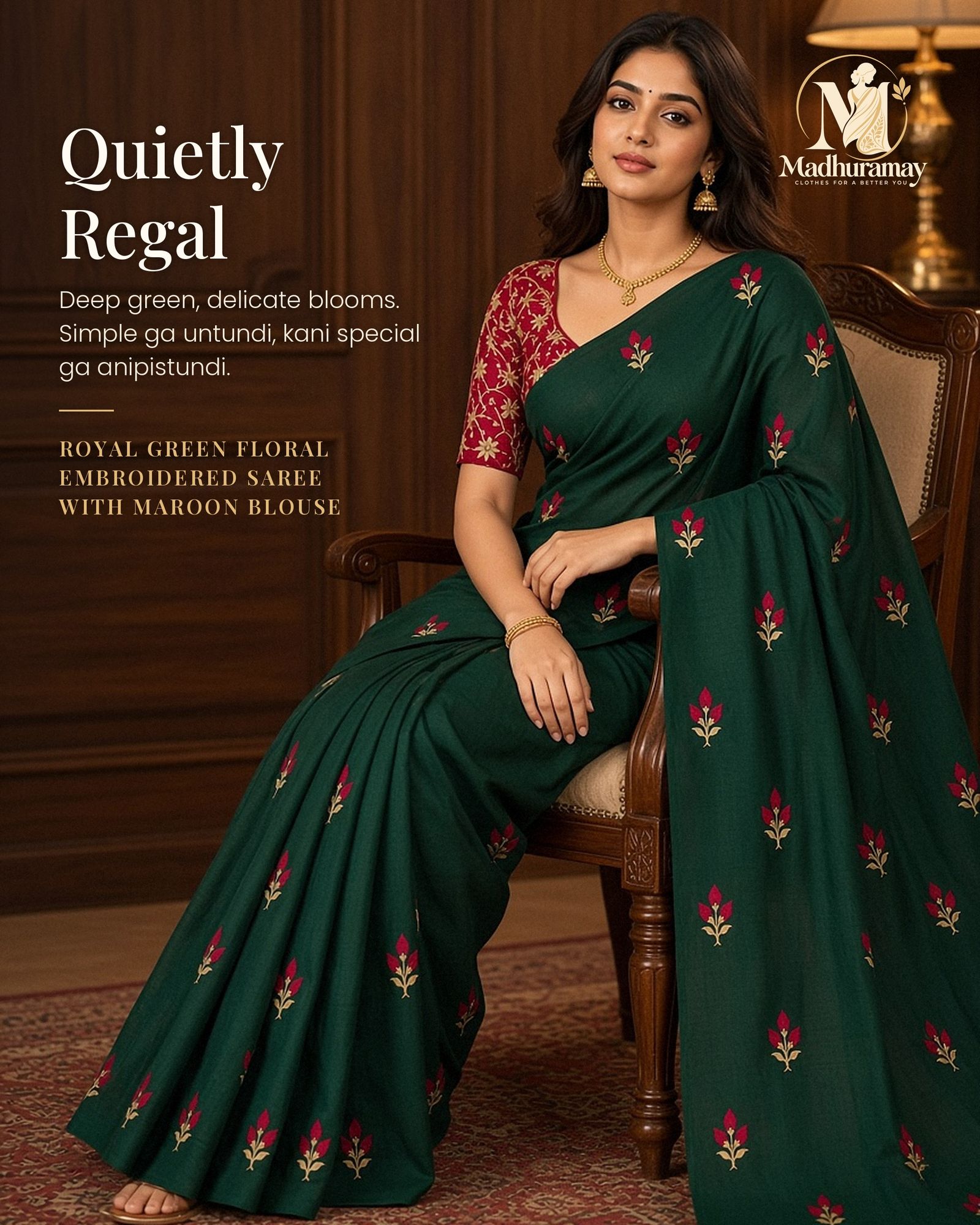 Royal Green Rose Bud Embroidered Festive Saree with Maroon Blouse