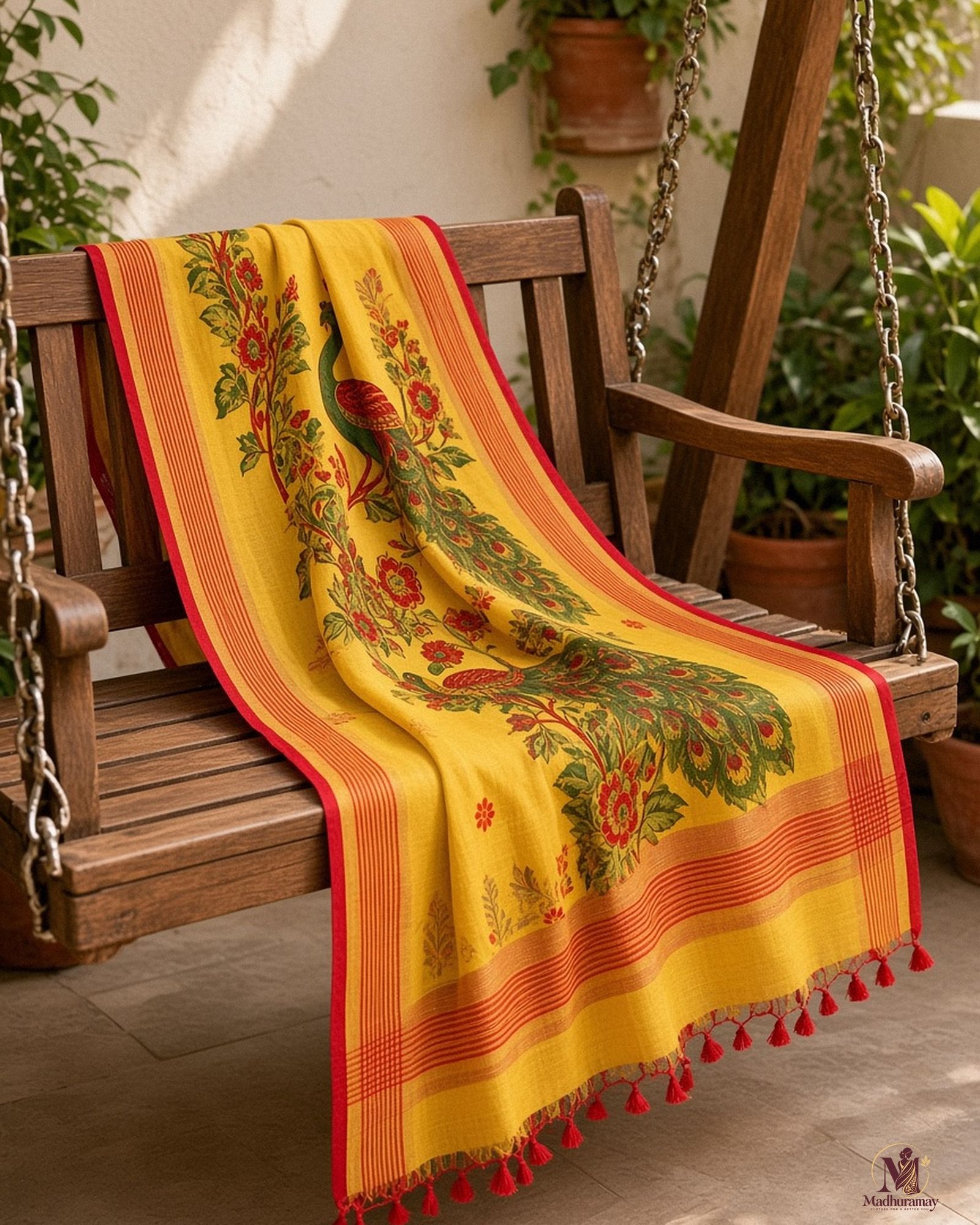 Mustard Yellow Peacock Pallu Festive Saree, view 5 of 8
