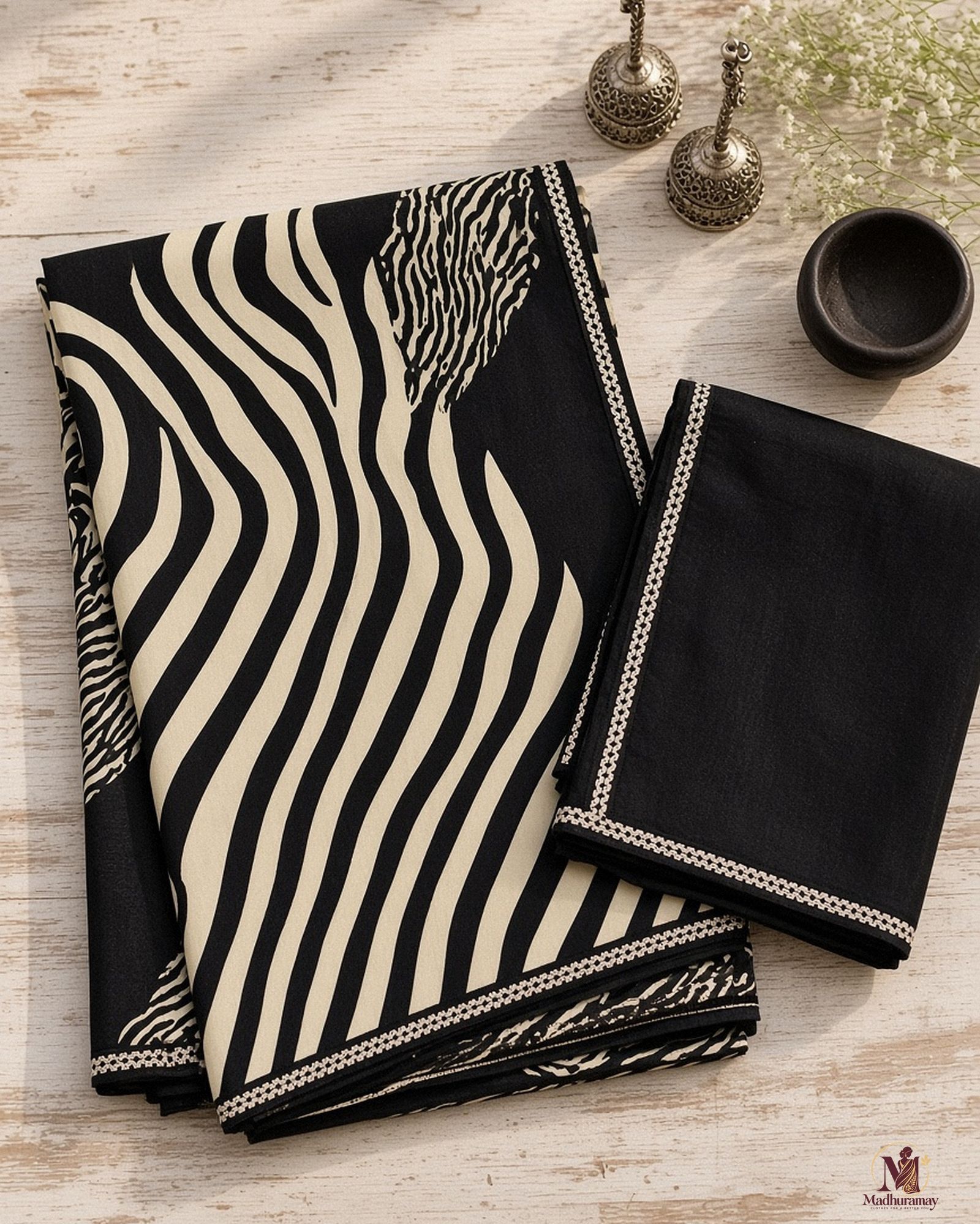 Black & Cream Zebra Print Evening Party Saree, view 3 of 7