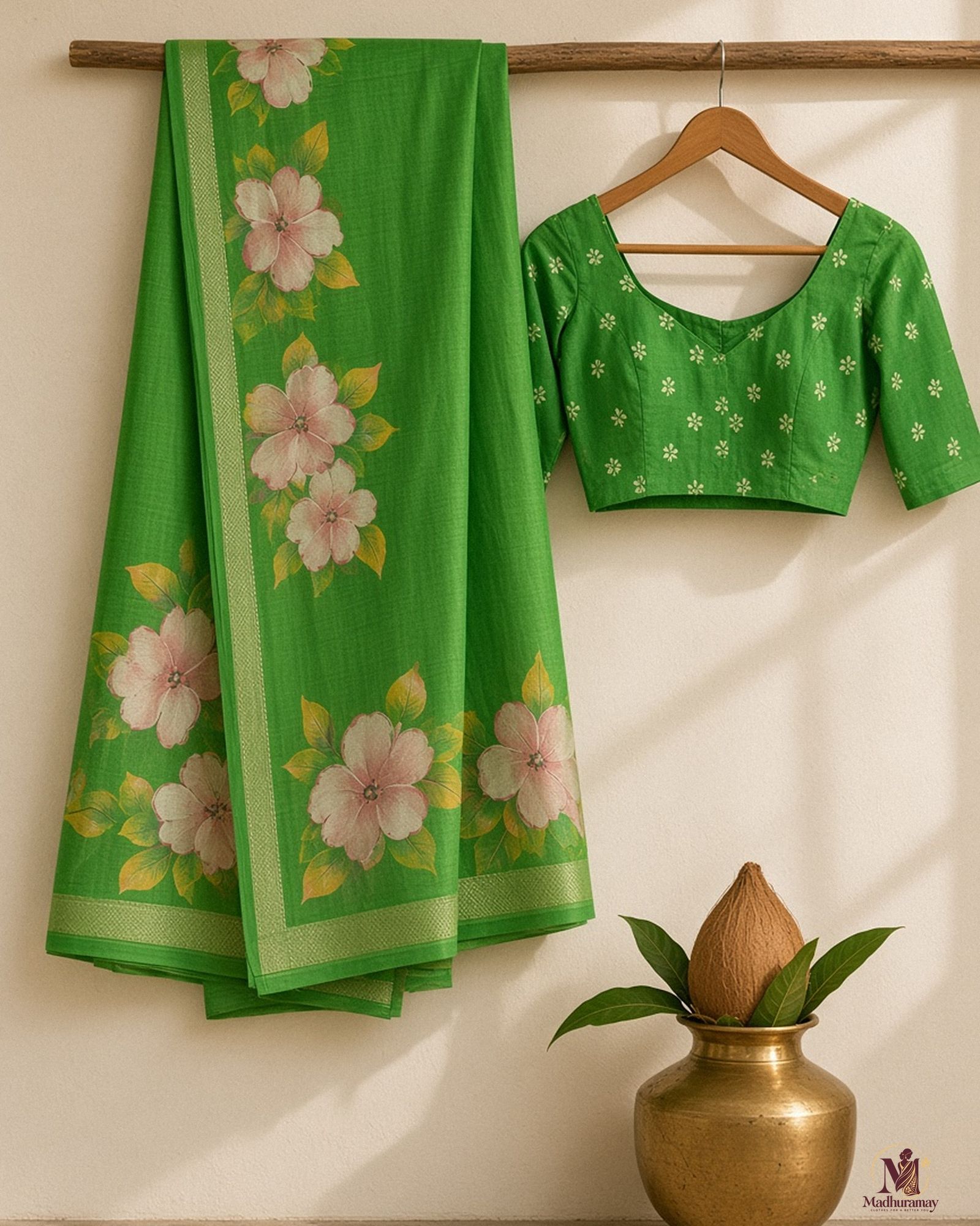 Green Festive Bloom Saree with Zari Border, view 2 of 7