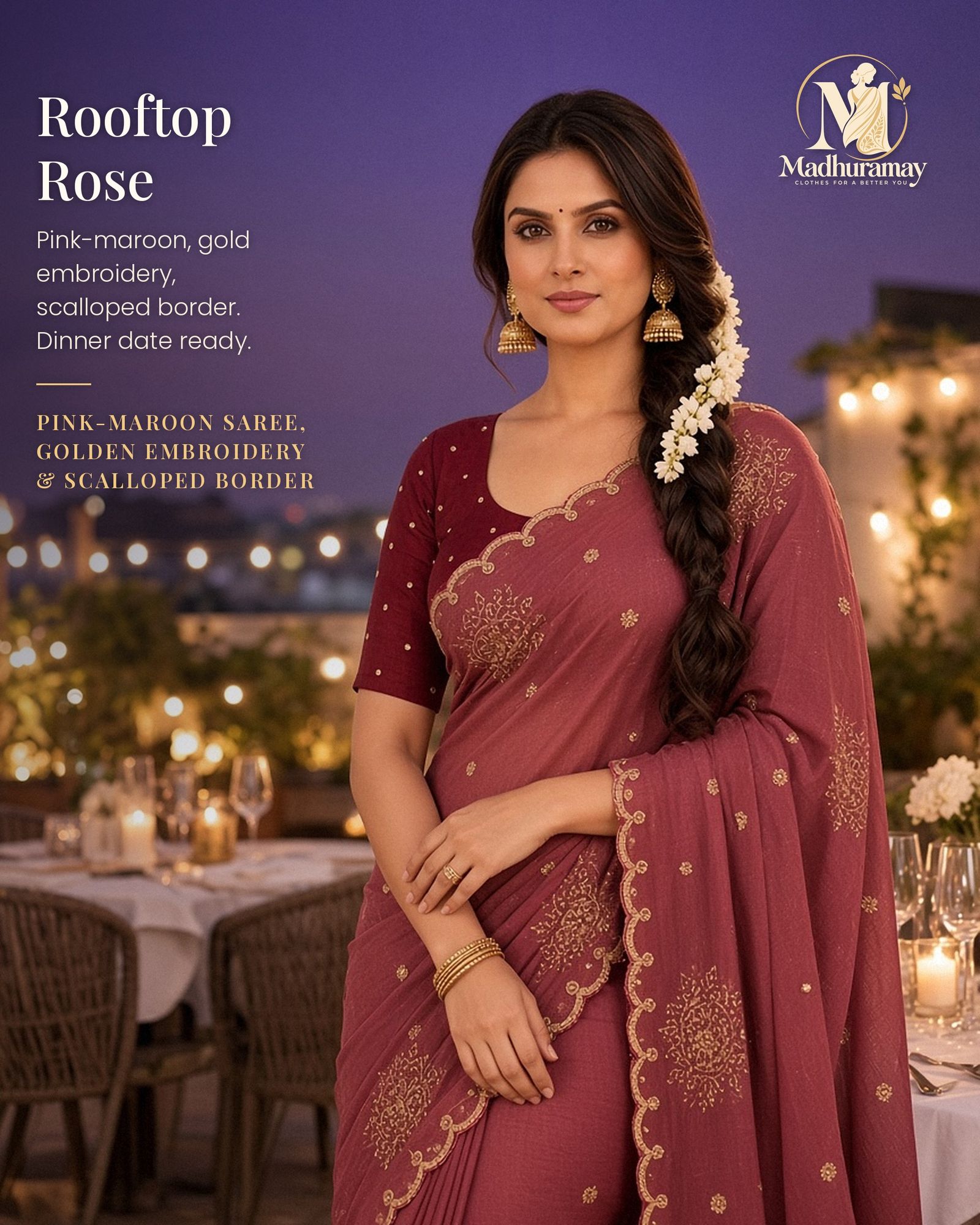 Pink-Maroon Golden Blossom Festive Saree with Scalloped Border