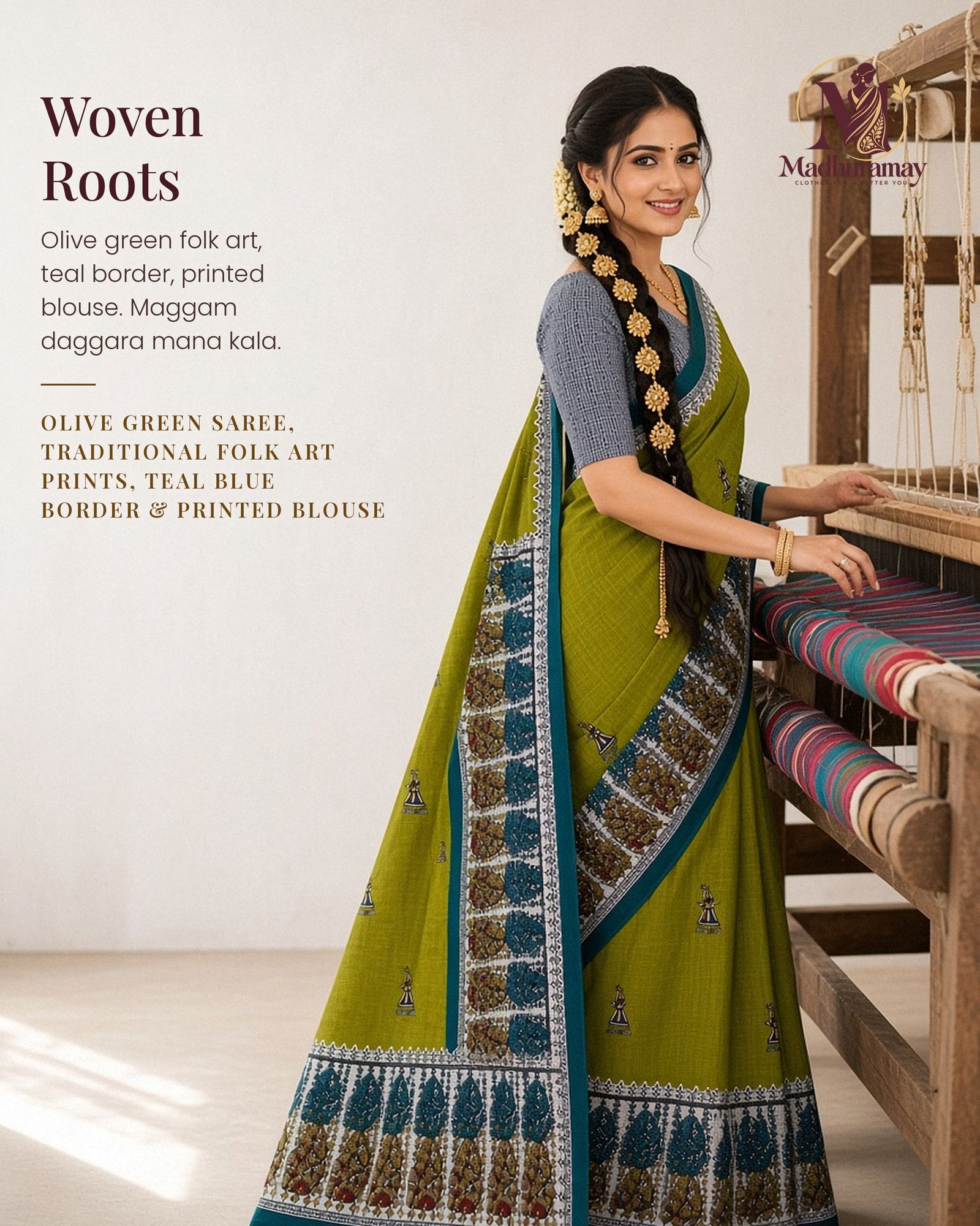 Olive Green Folk Art Festive Saree with Teal Border