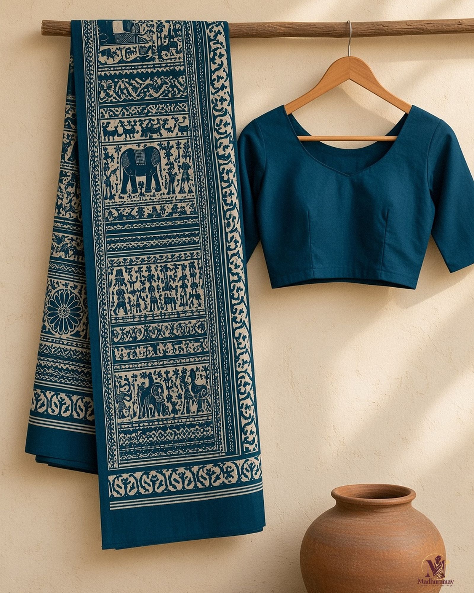 Dark Teal & White Utsav Kalamkari Elephant Saree, view 2 of 8