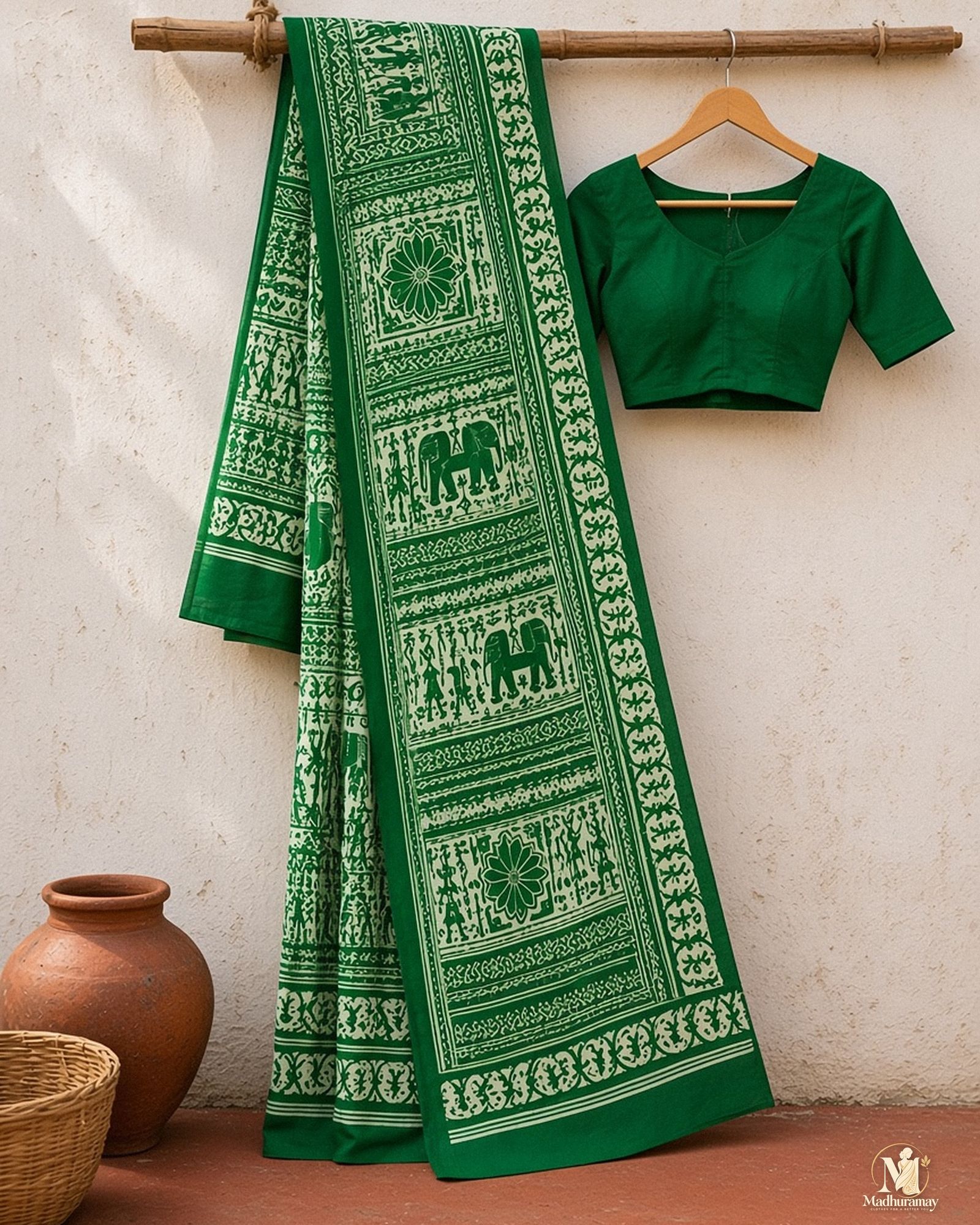 Light Green & White Utsav Kalamkari Elephant Saree, view 2 of 7