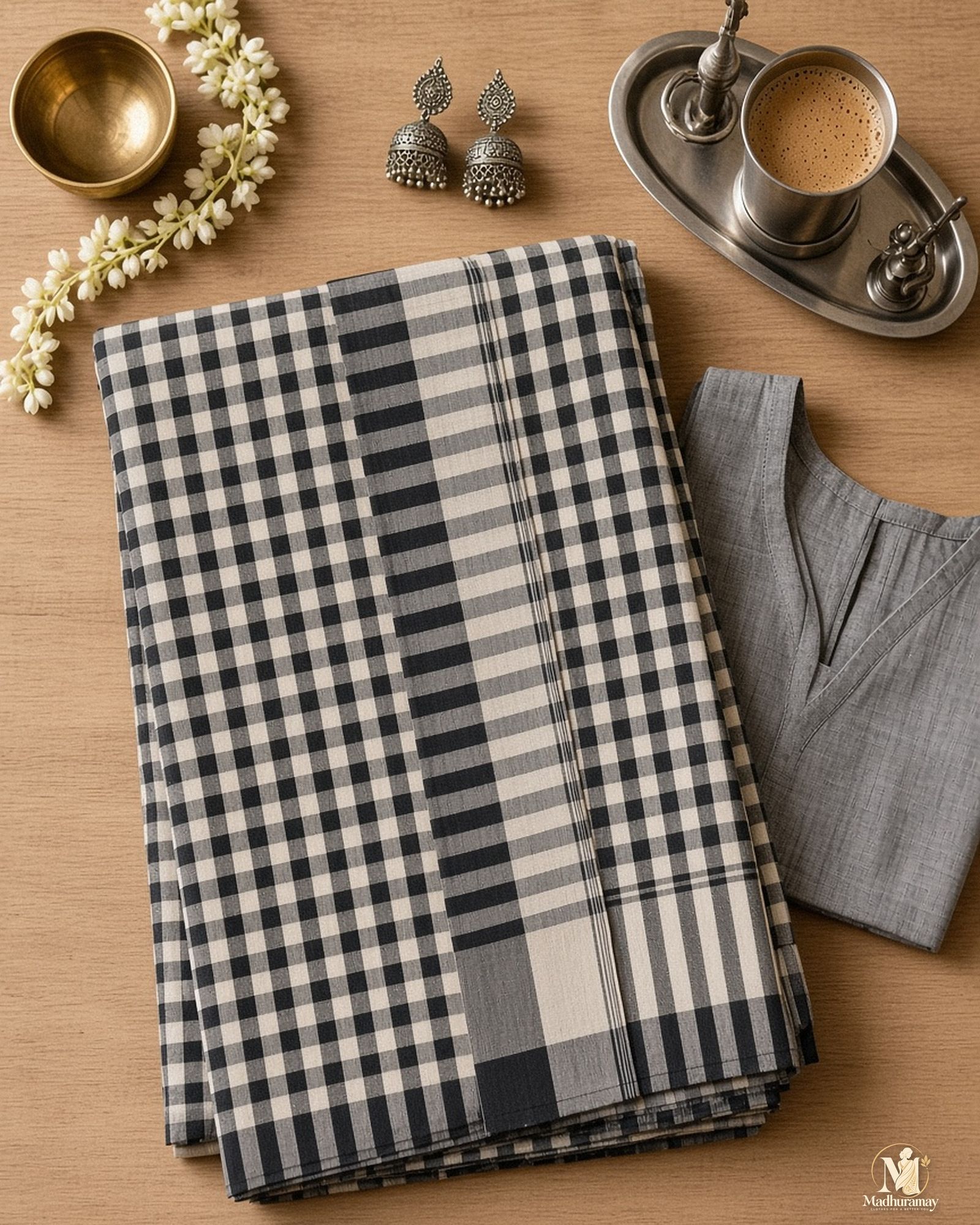 Black & Grey Classic Check Saree with Striped Pallu, view 3 of 9