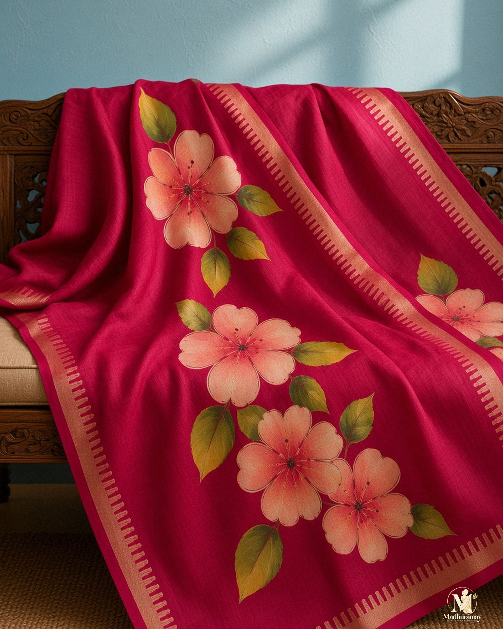Magenta Pink Festive Bloom Saree with Zari Border, view 5 of 7