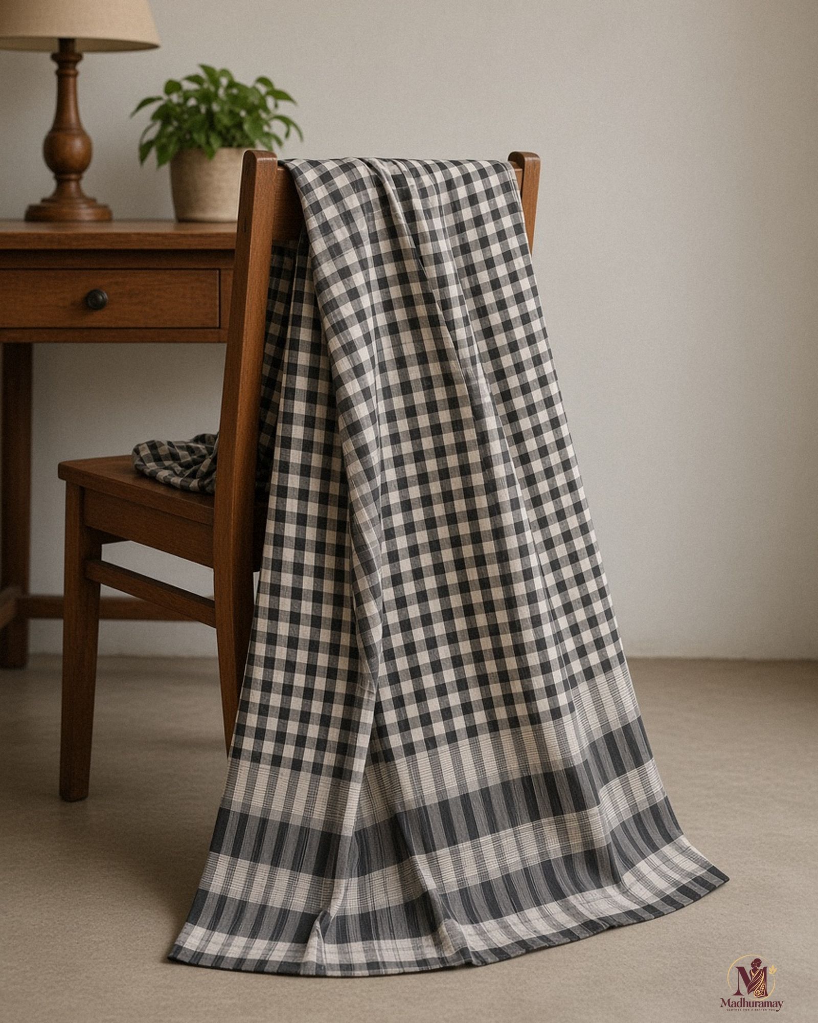 Black & Grey Classic Check Saree with Striped Pallu, view 5 of 9
