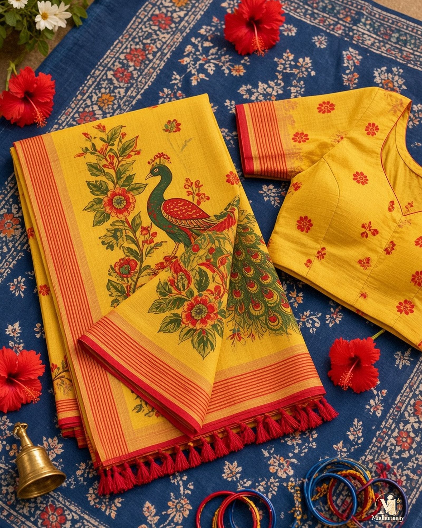 Mustard Yellow Peacock Pallu Festive Saree, view 3 of 8