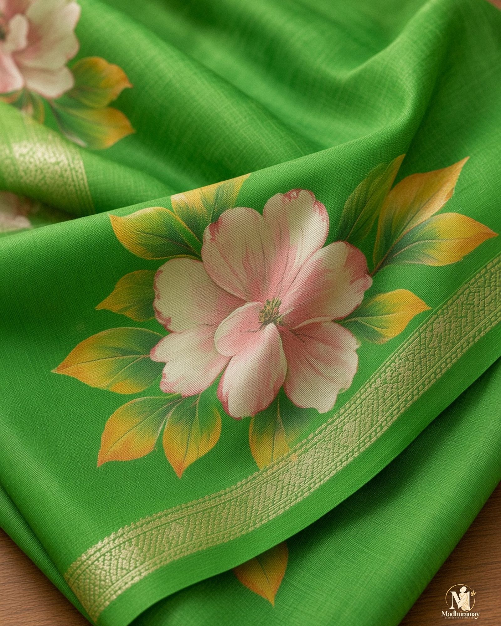 Green Festive Bloom Saree with Zari Border, view 4 of 7