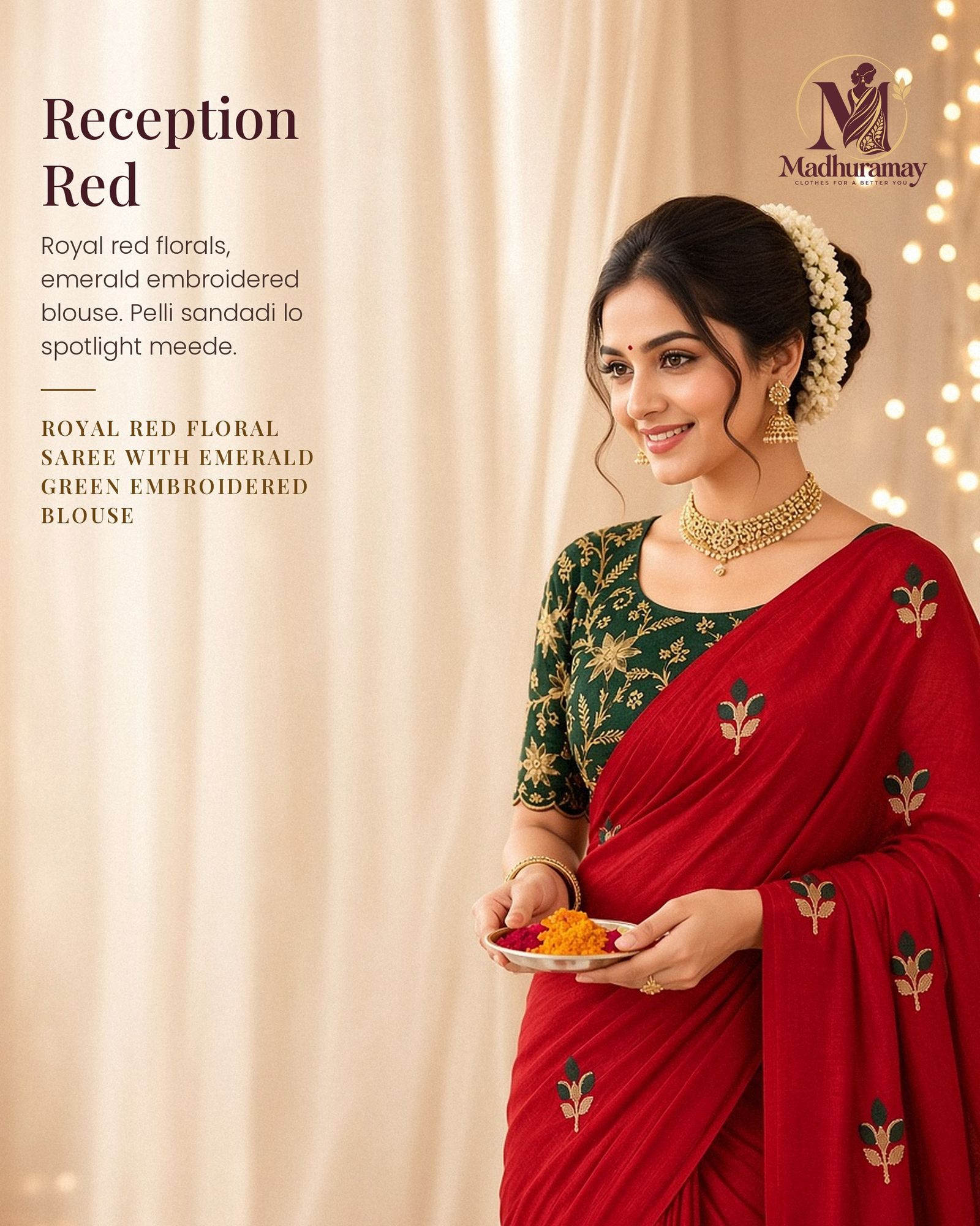 Royal Red Rose Bud Embroidered Festive Saree with Emerald Embroidered Blouse, view 1 of 4