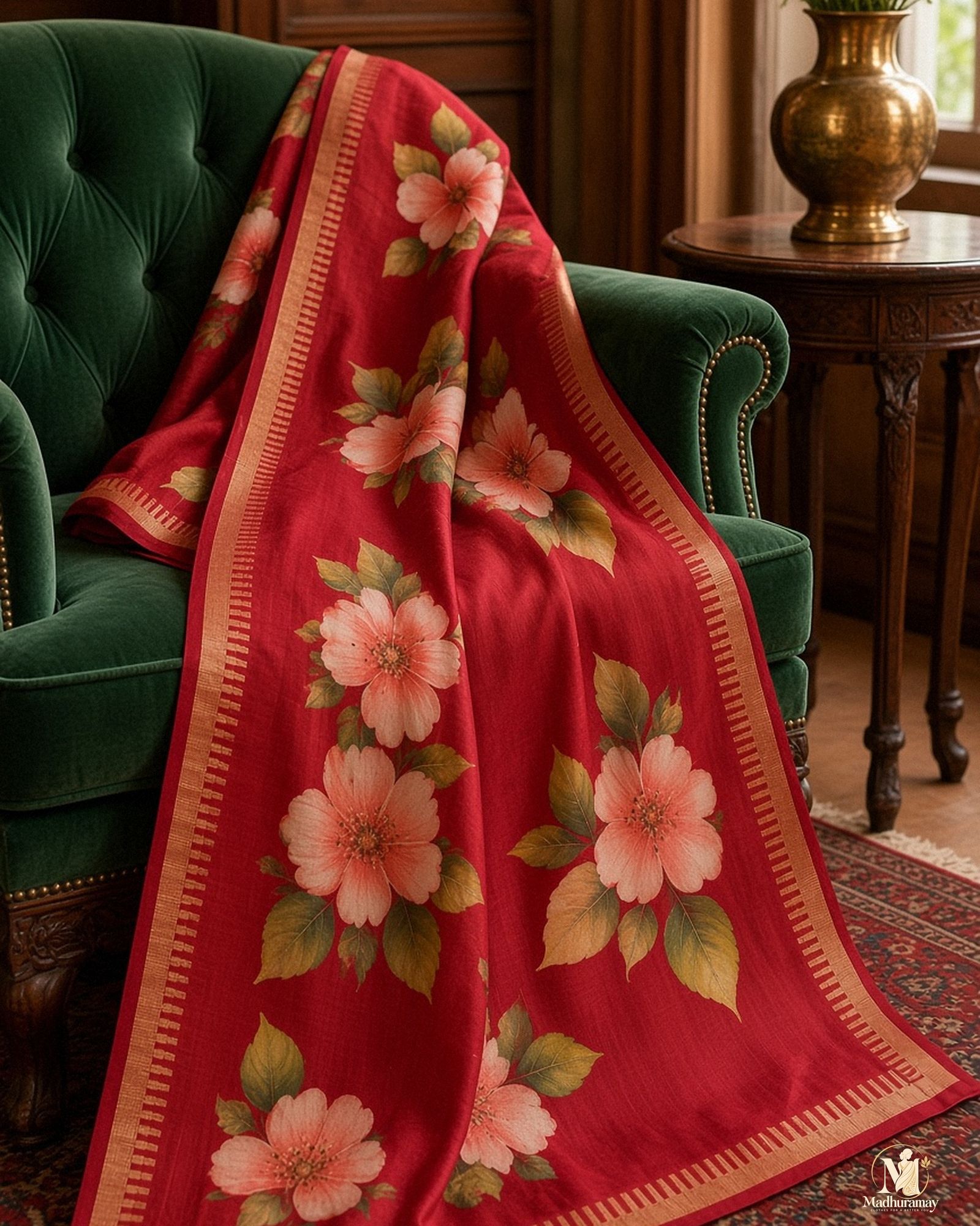 Cherry Red Festive Bloom Saree with Zari Border, view 5 of 11
