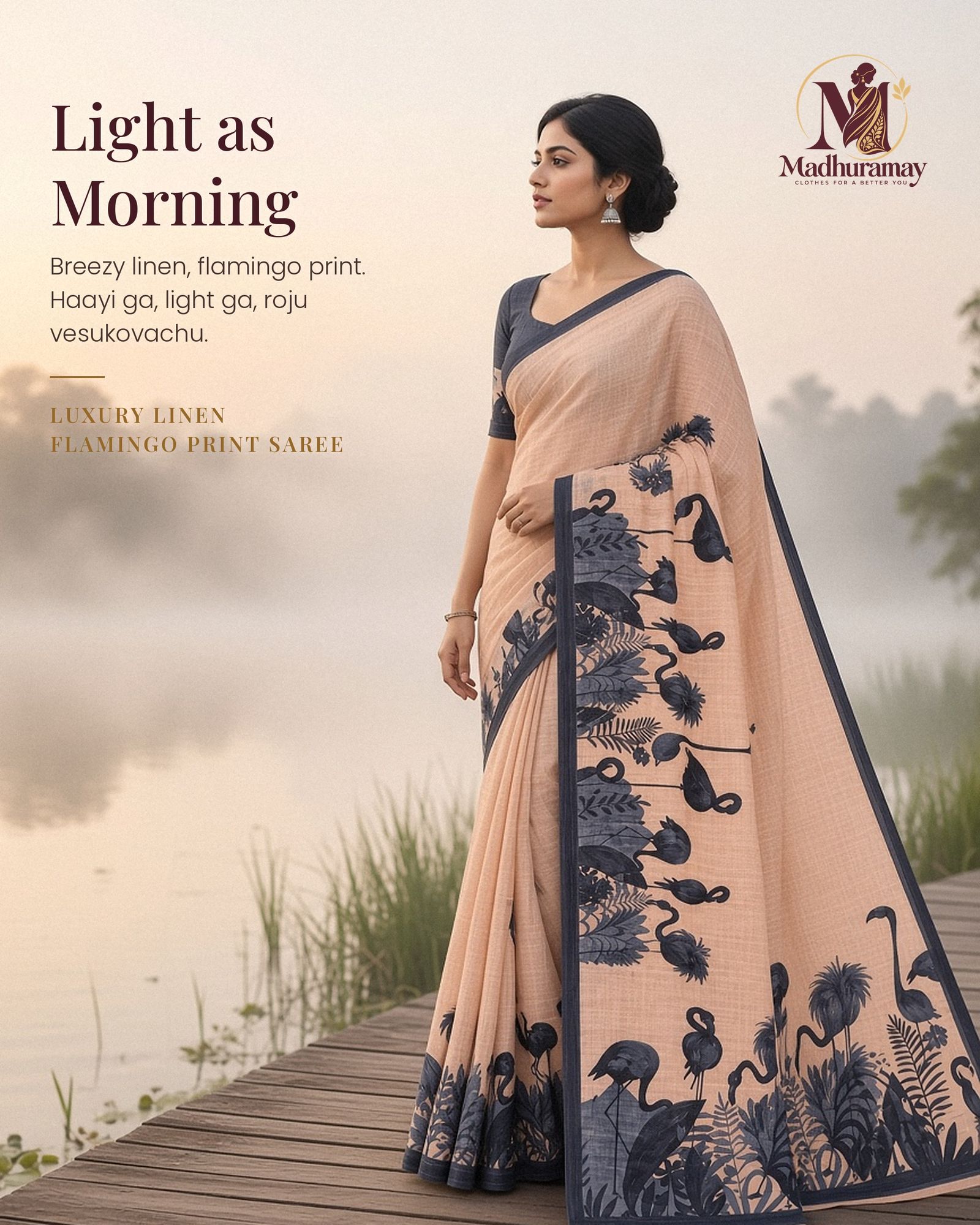 Luxury Flamingo Print Linen Festive Saree