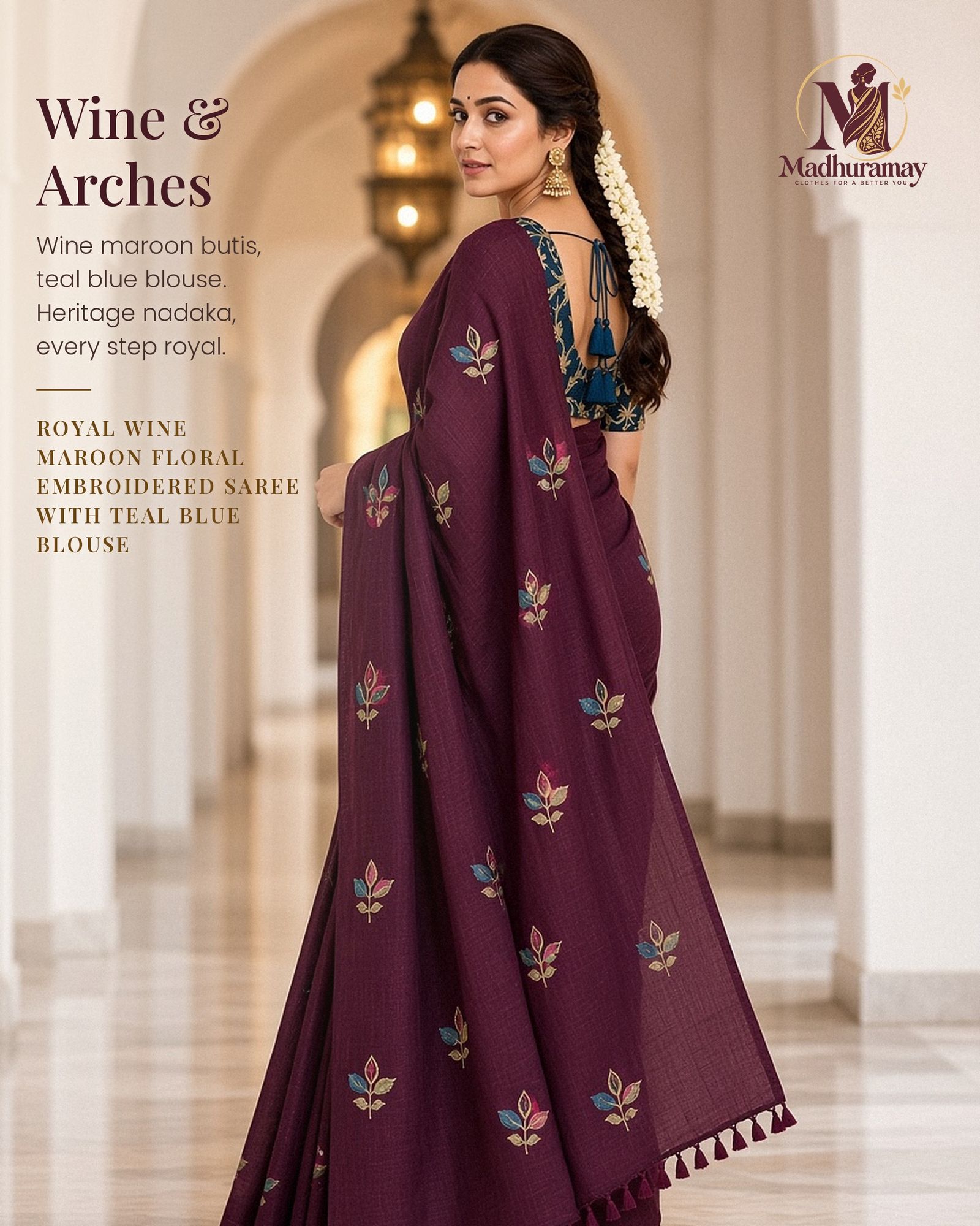Royal Wine Maroon Rose Bud Embroidered Festive Saree with Teal Blouse, view 1 of 3