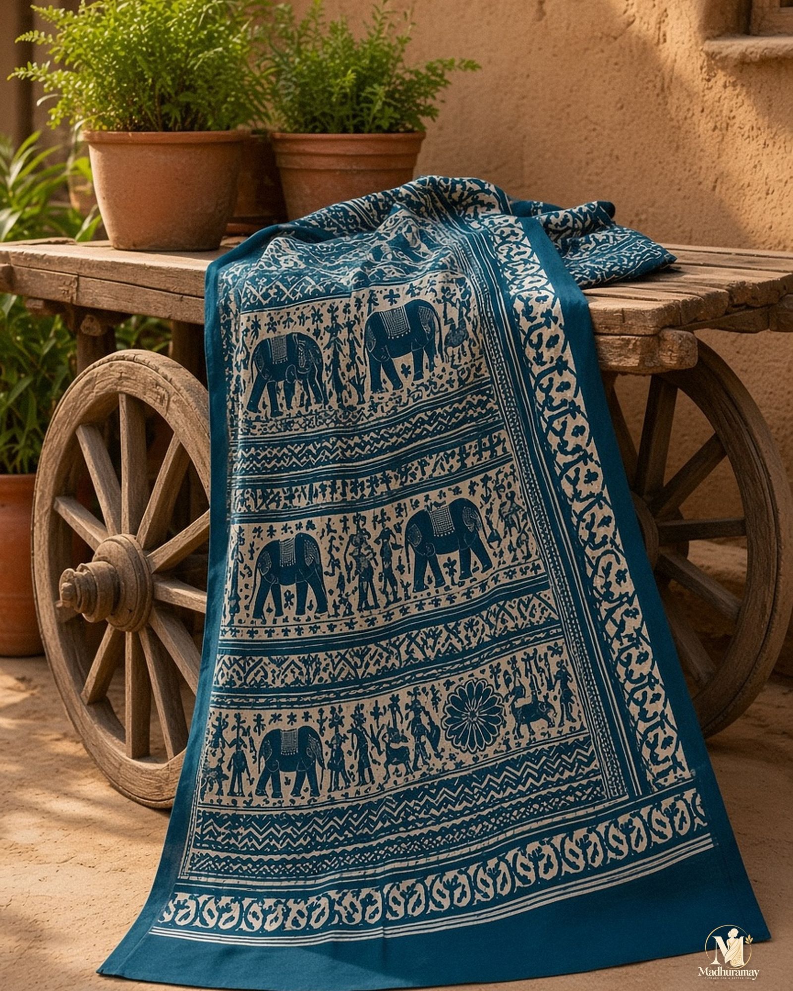 Dark Teal & White Utsav Kalamkari Elephant Saree, view 5 of 8