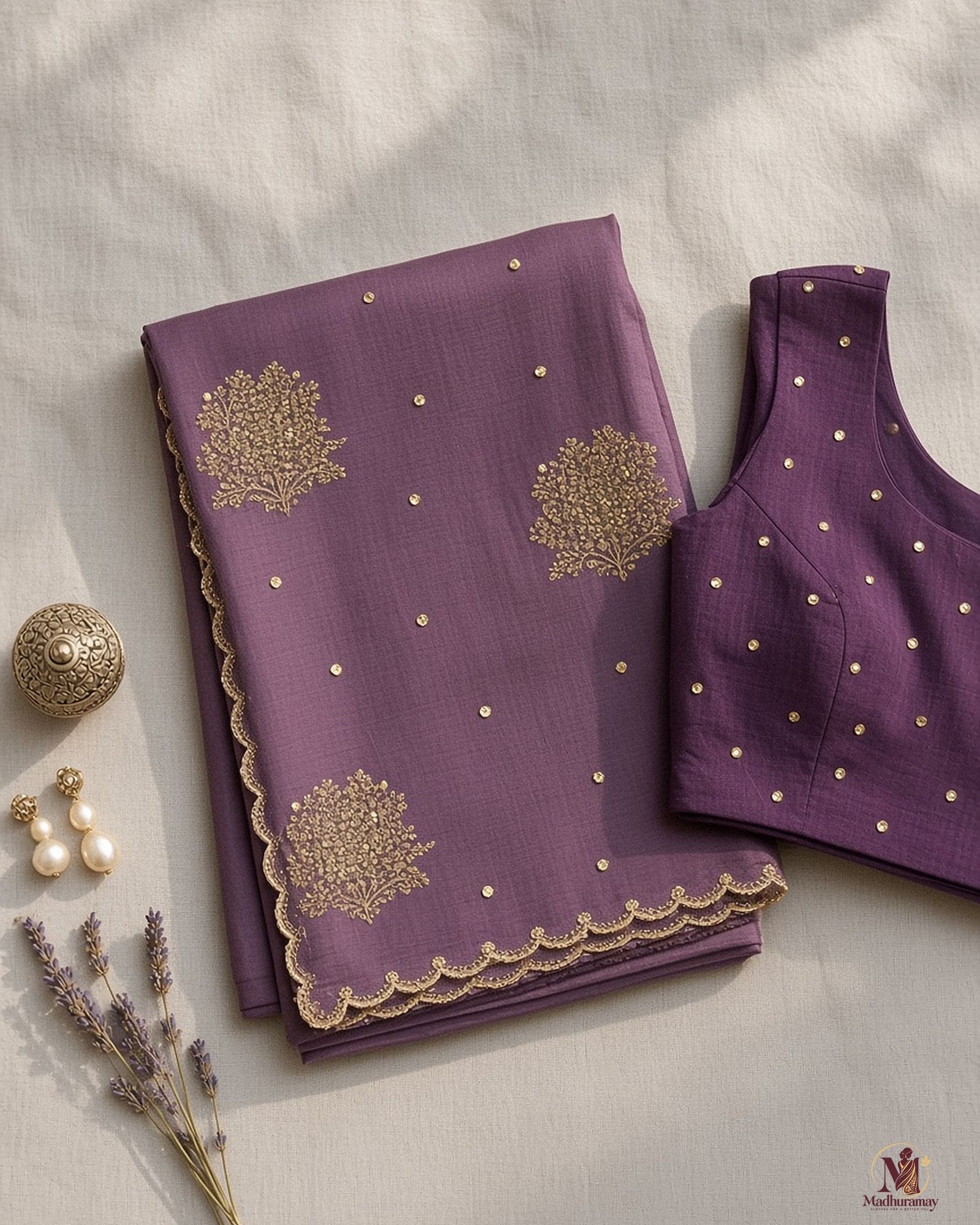 Royal Mauve Golden Blossom Festive Saree, view 3 of 8