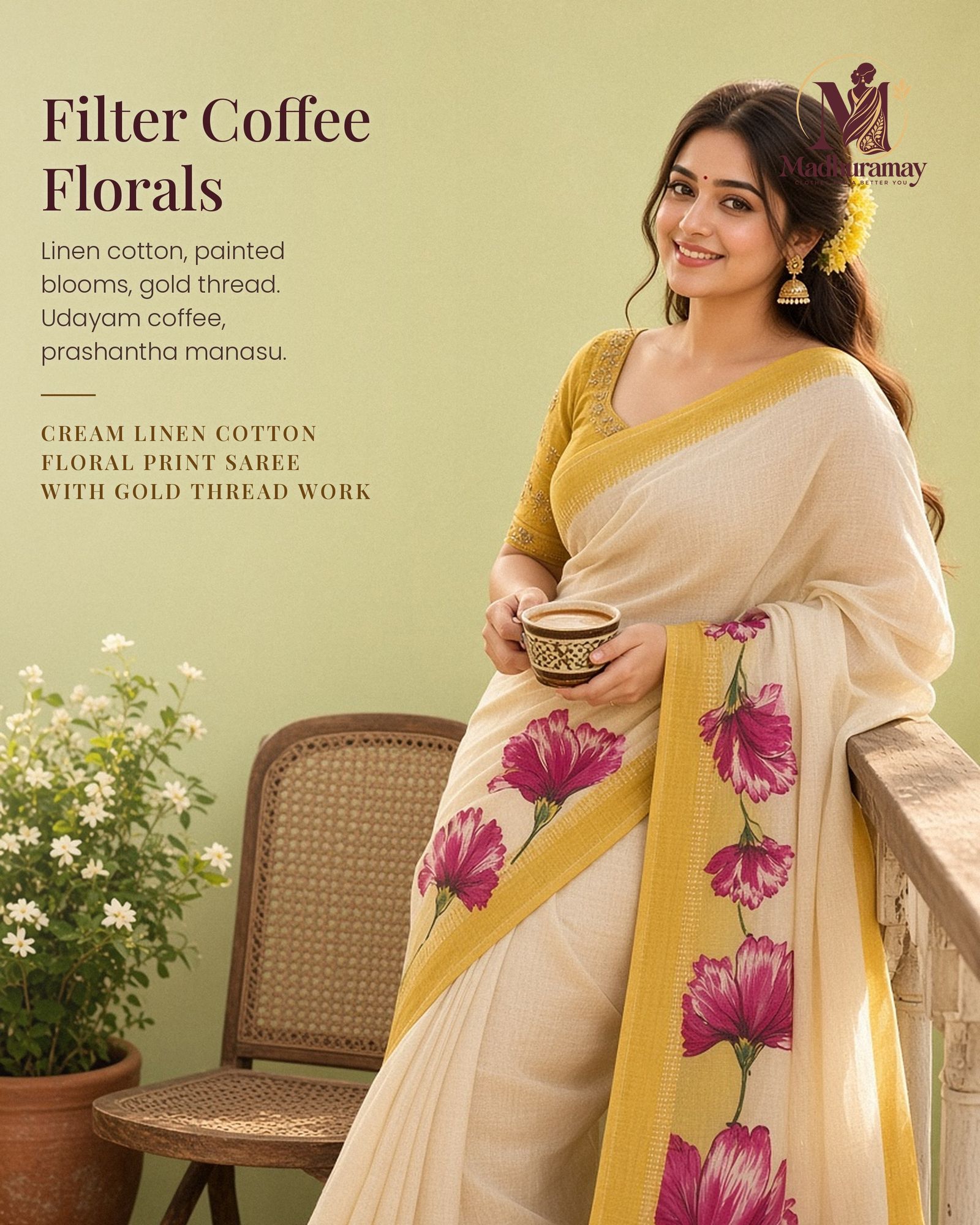 Floral Linen Cotton Festive Saree with Gold Thread Work