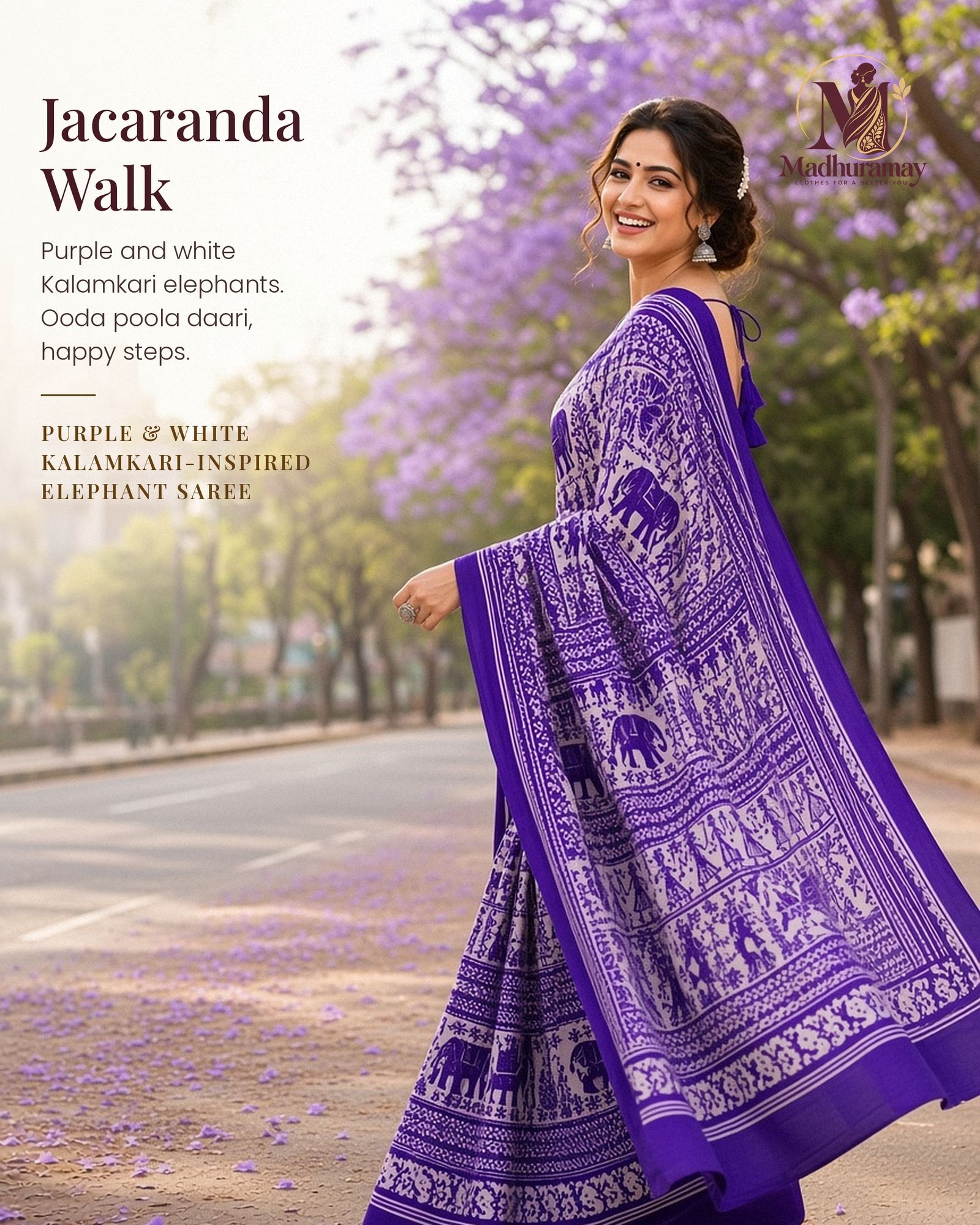 Purple & White Utsav Kalamkari Elephant Saree, view 1 of 7