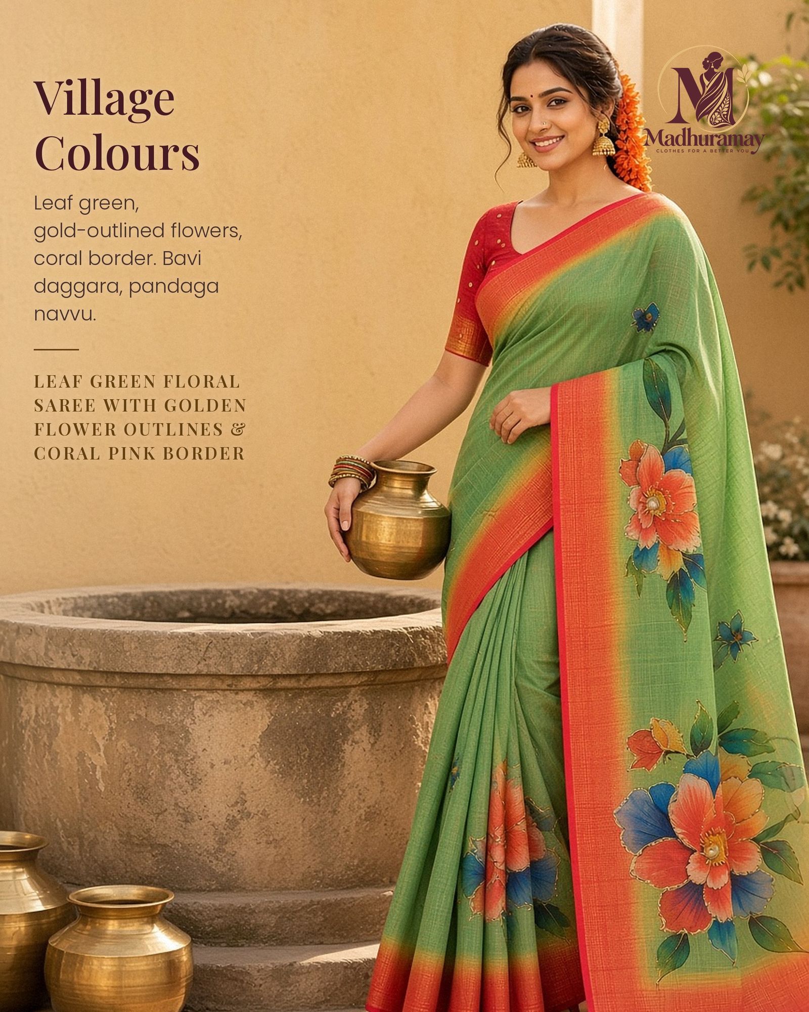Leaf Green Golden Garden Festive Saree with Coral Border, view 1 of 4