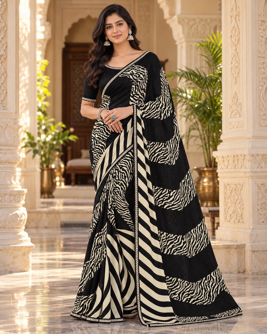 Black & Cream Zebra Print Evening Party Saree, view 6 of 7