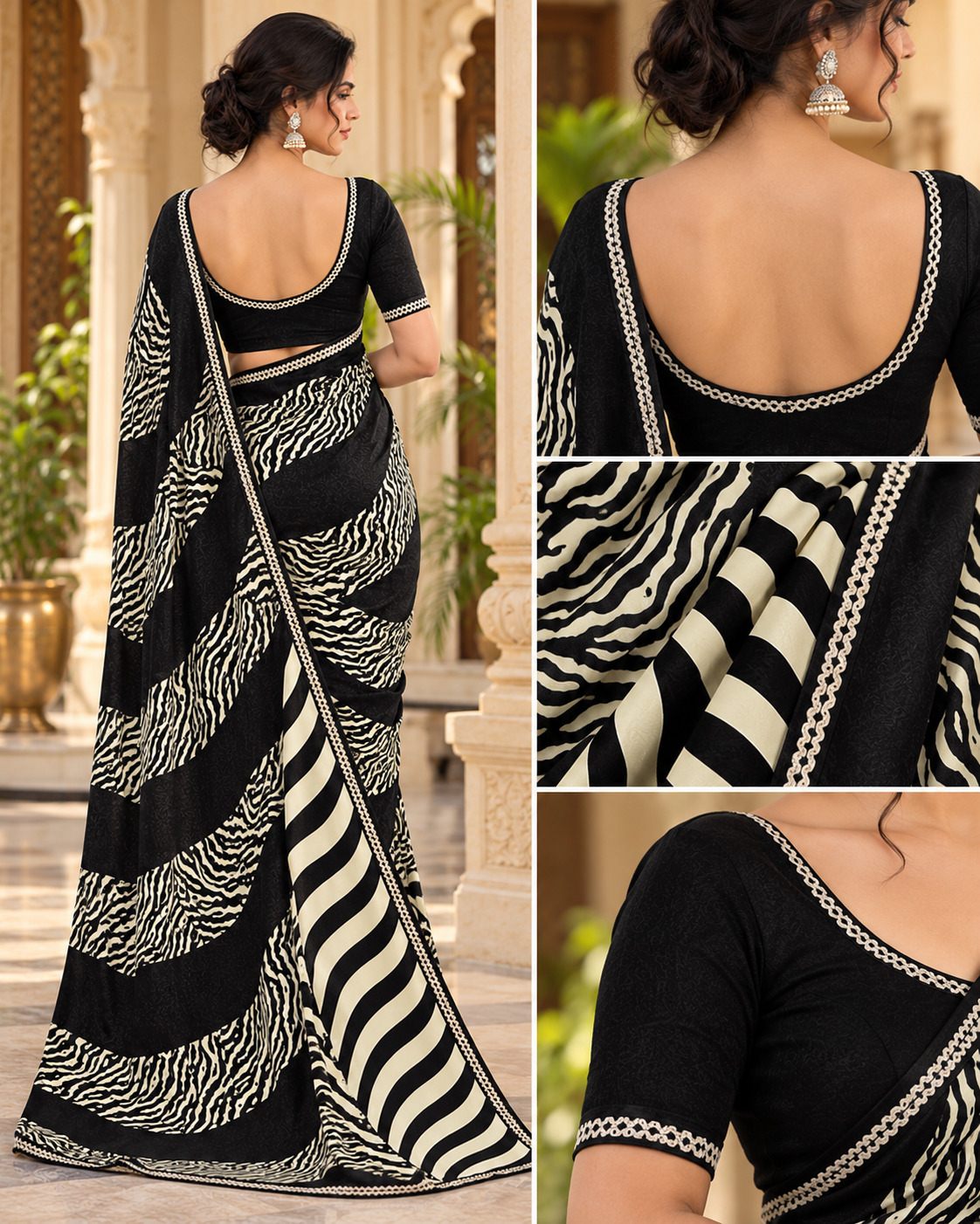 Black & Cream Zebra Print Evening Party Saree, view 7 of 7