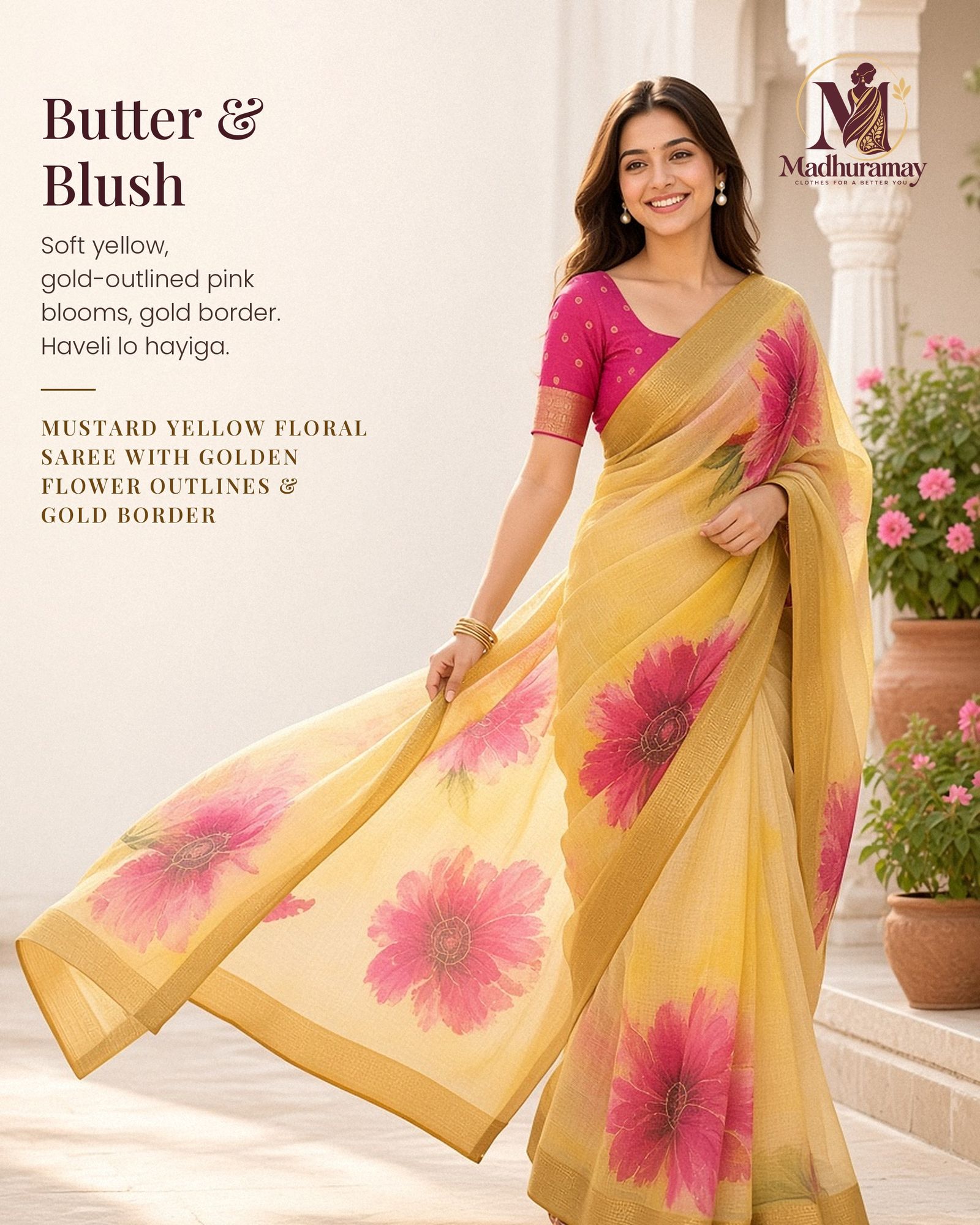 Mustard Yellow Golden Garden Festive Saree, view 1 of 9