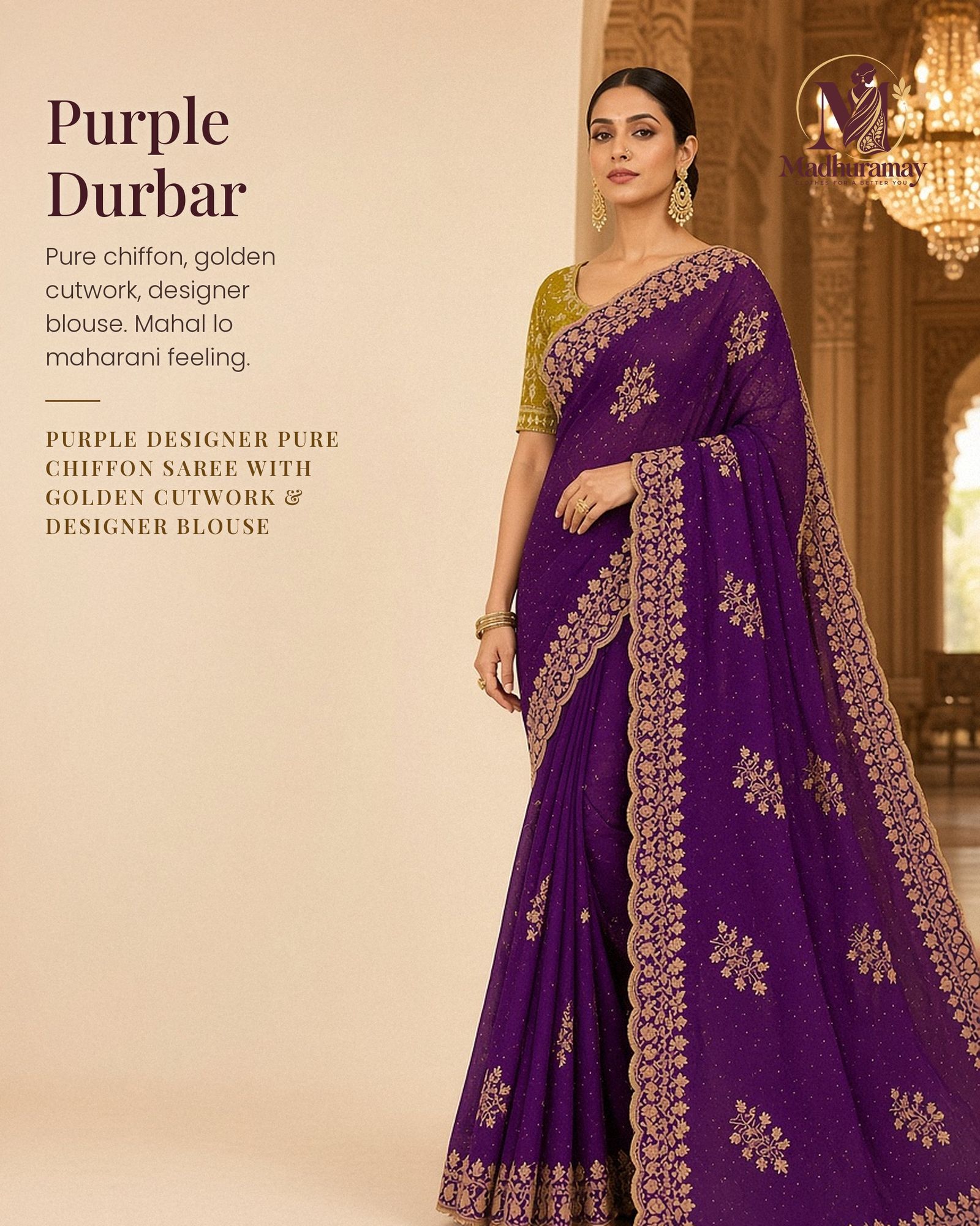 Royal Purple Golden Cutwork Party Glam Saree with Designer Blouse