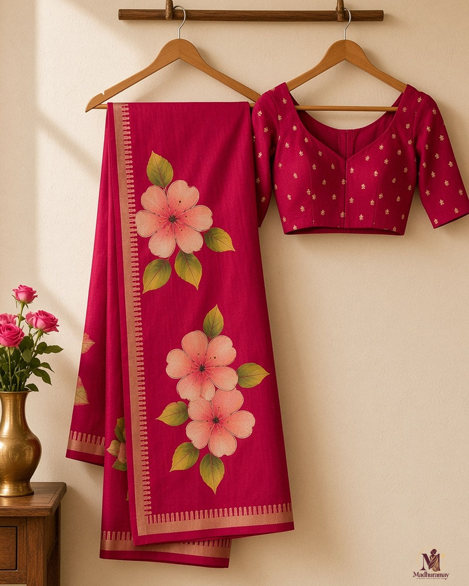 Magenta Pink Festive Bloom Saree with Zari Border, view 2 of 7