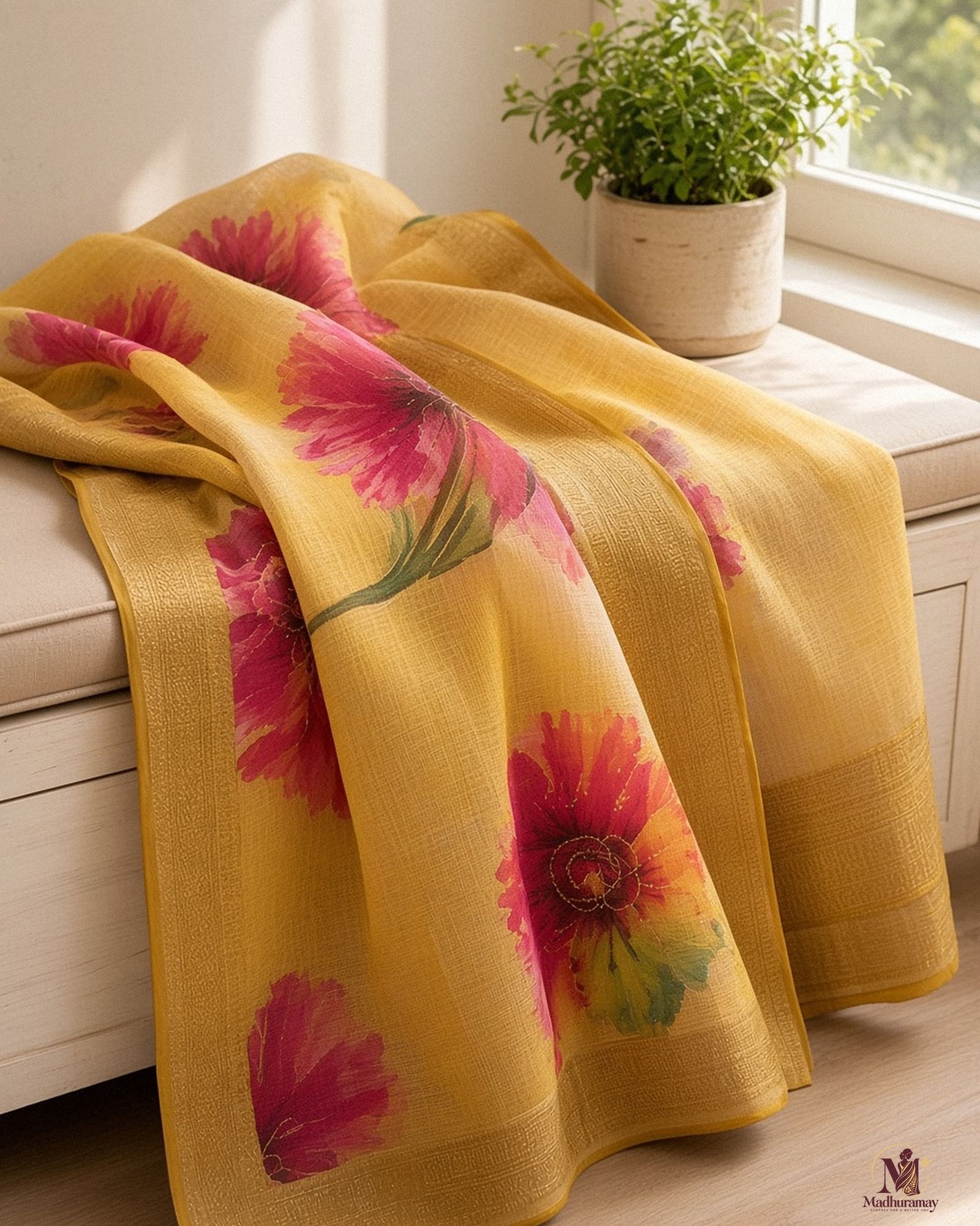 Mustard Yellow Golden Garden Festive Saree, view 5 of 9