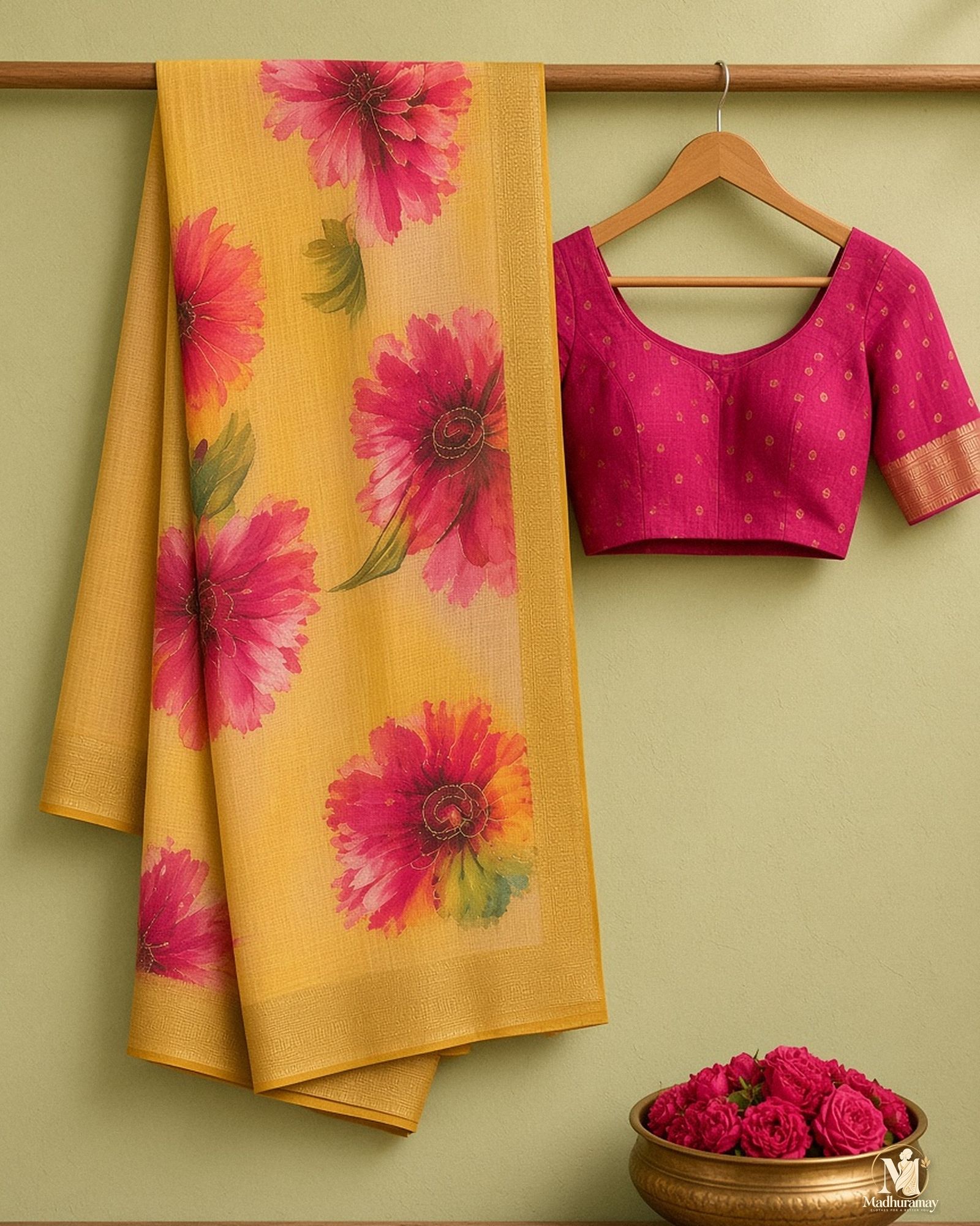 Mustard Yellow Golden Garden Festive Saree, view 2 of 9