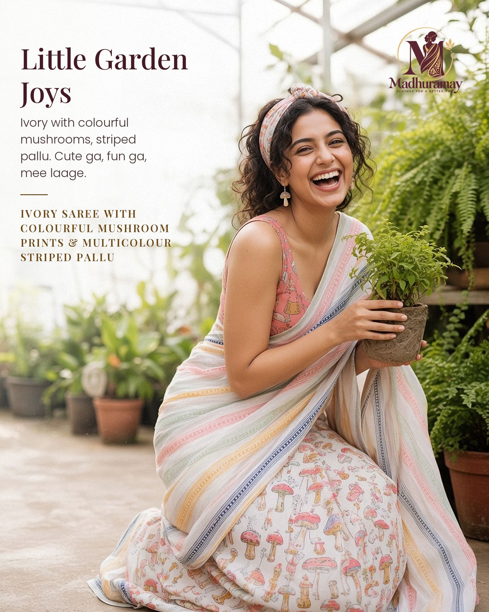 Ivory Whimsy Mushroom Print Saree with Striped Pallu