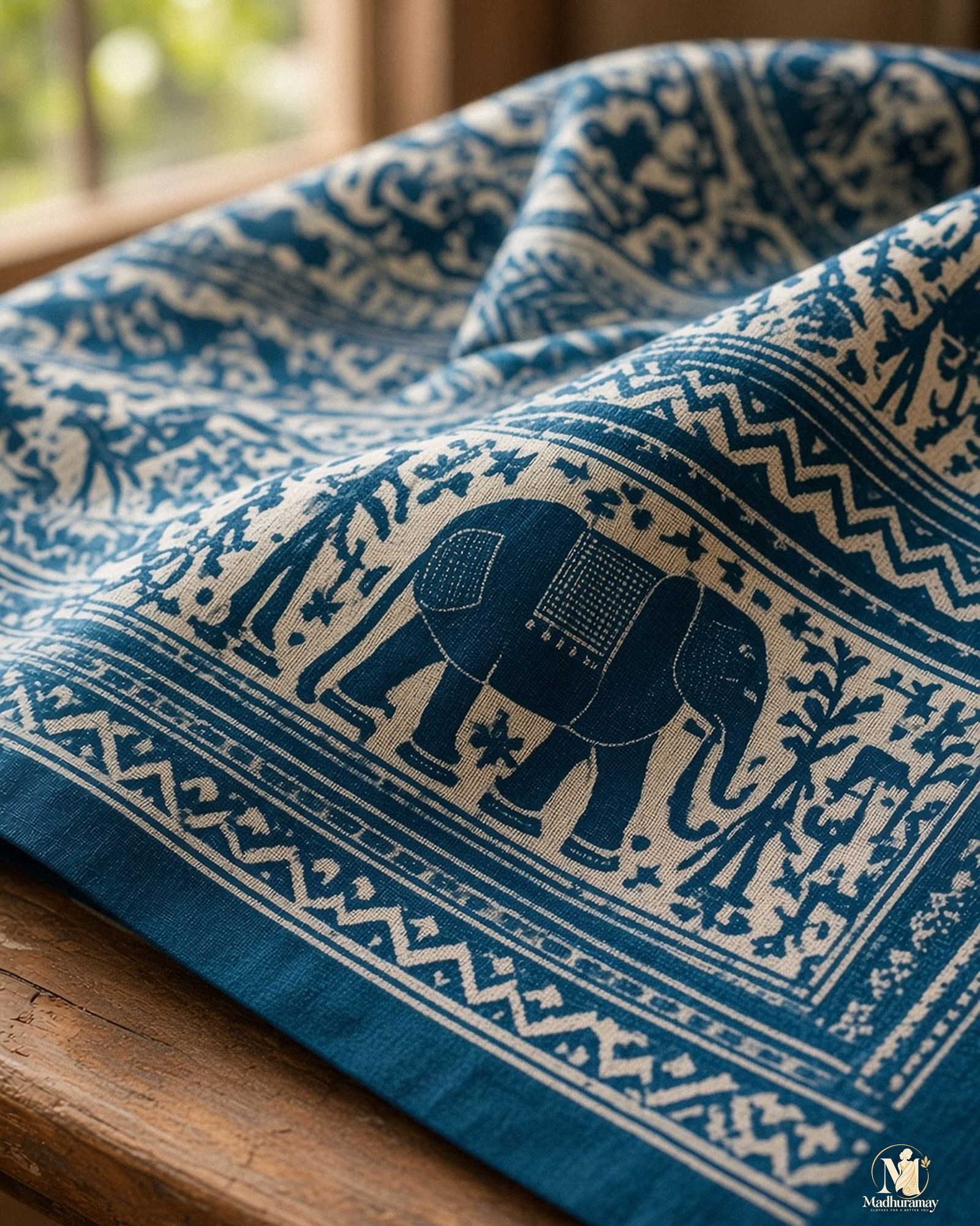 Dark Teal & White Utsav Kalamkari Elephant Saree, view 4 of 8