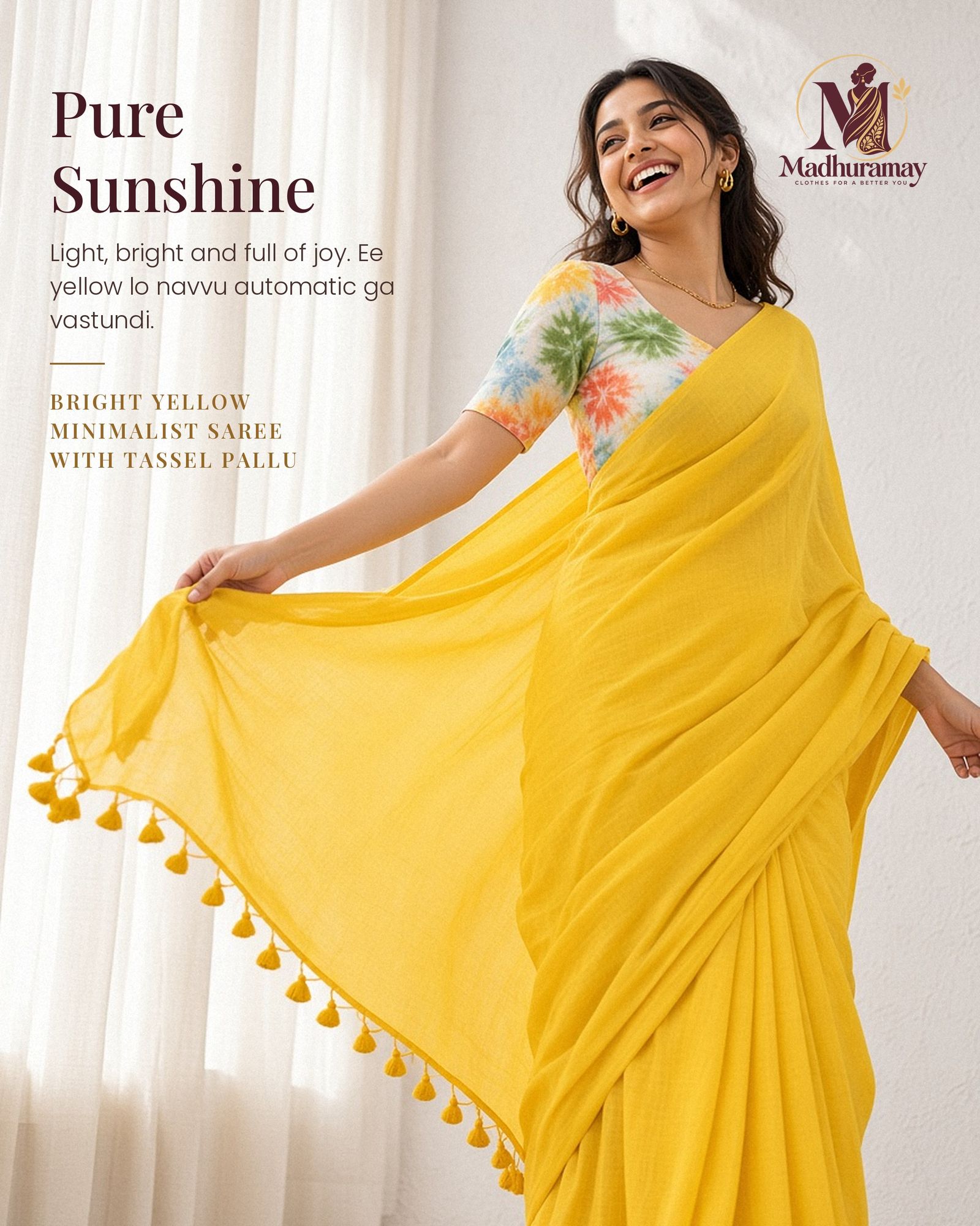 Bright Yellow Tassel Pallu Festive Saree with Floral Blouse