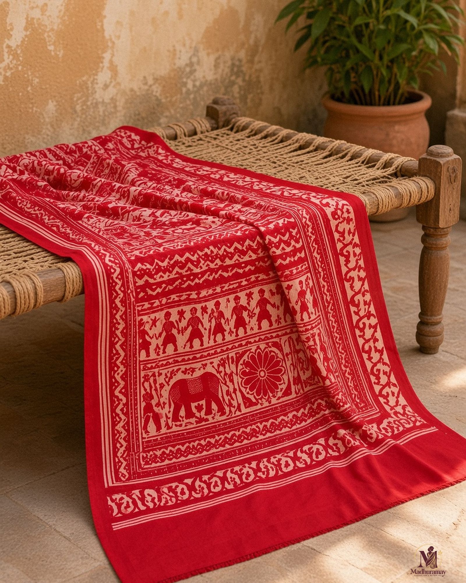 Red & White Utsav Kalamkari Elephant Saree, view 5 of 8