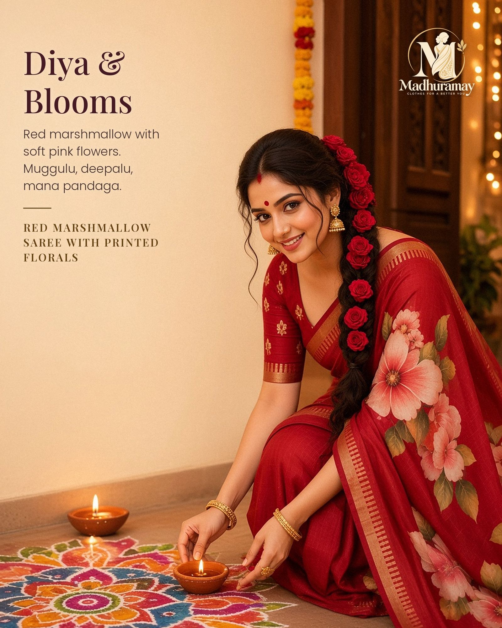 Cherry Red Festive Bloom Saree with Zari Border, view 1 of 11