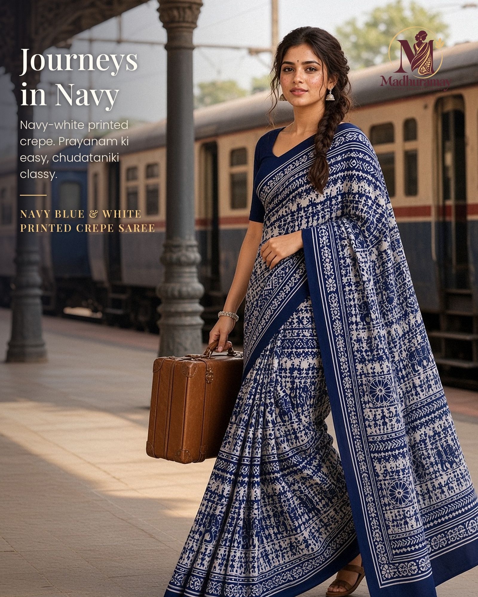 Navy Blue & White Festive Print Saree