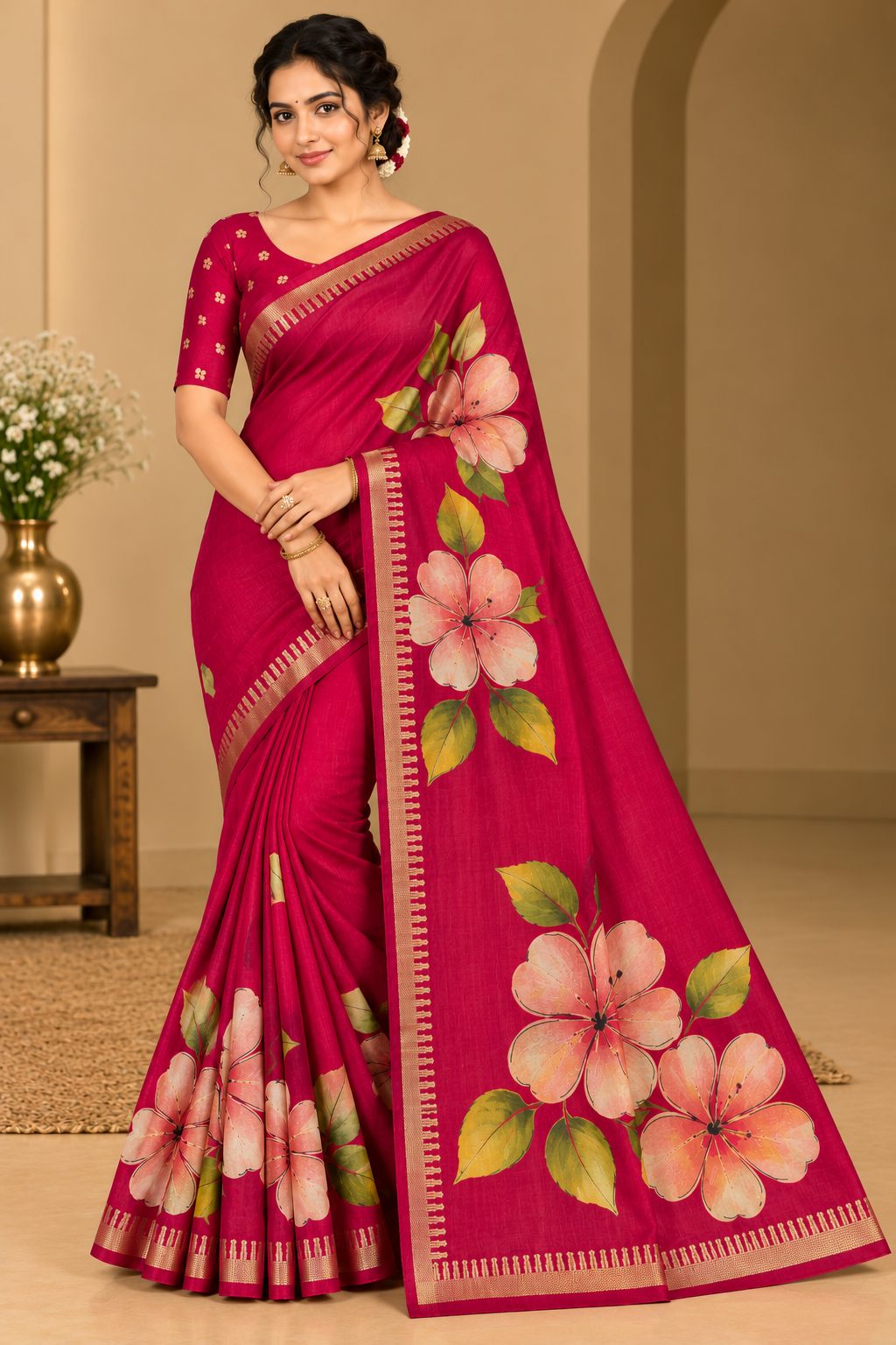 Magenta Pink Festive Bloom Saree with Zari Border, view 6 of 7