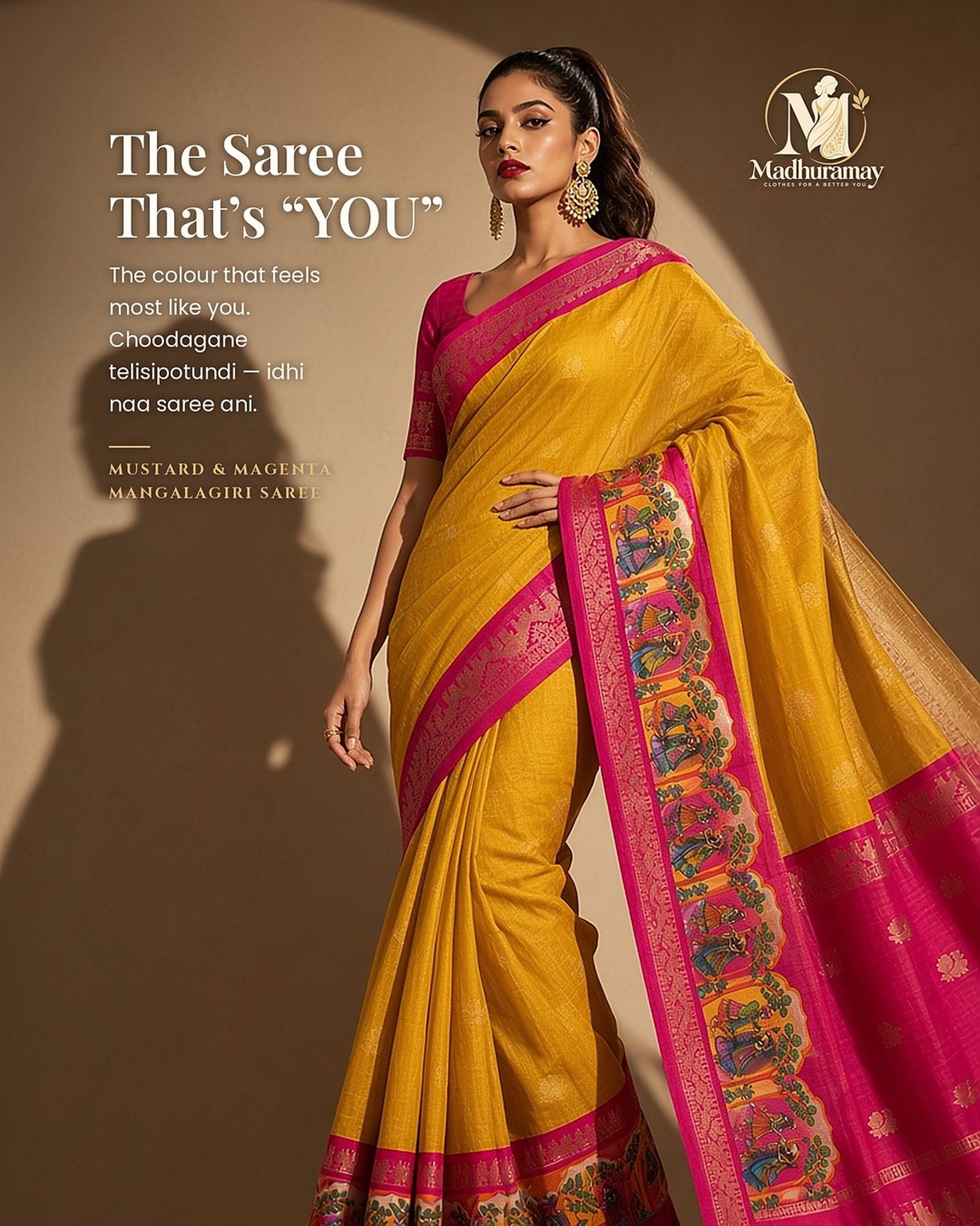 Mustard Yellow & Magenta Folk Art Border Festive Saree