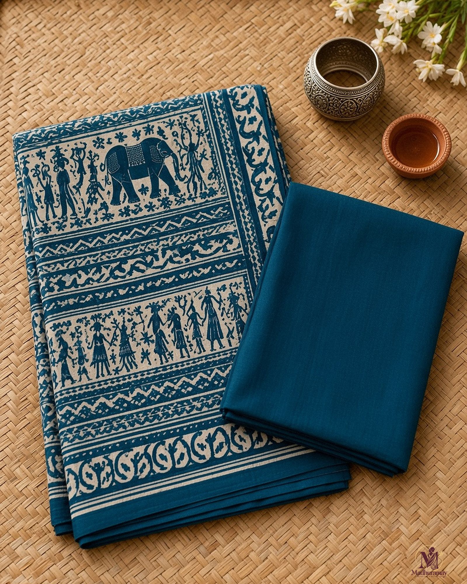 Dark Teal & White Utsav Kalamkari Elephant Saree, view 3 of 8