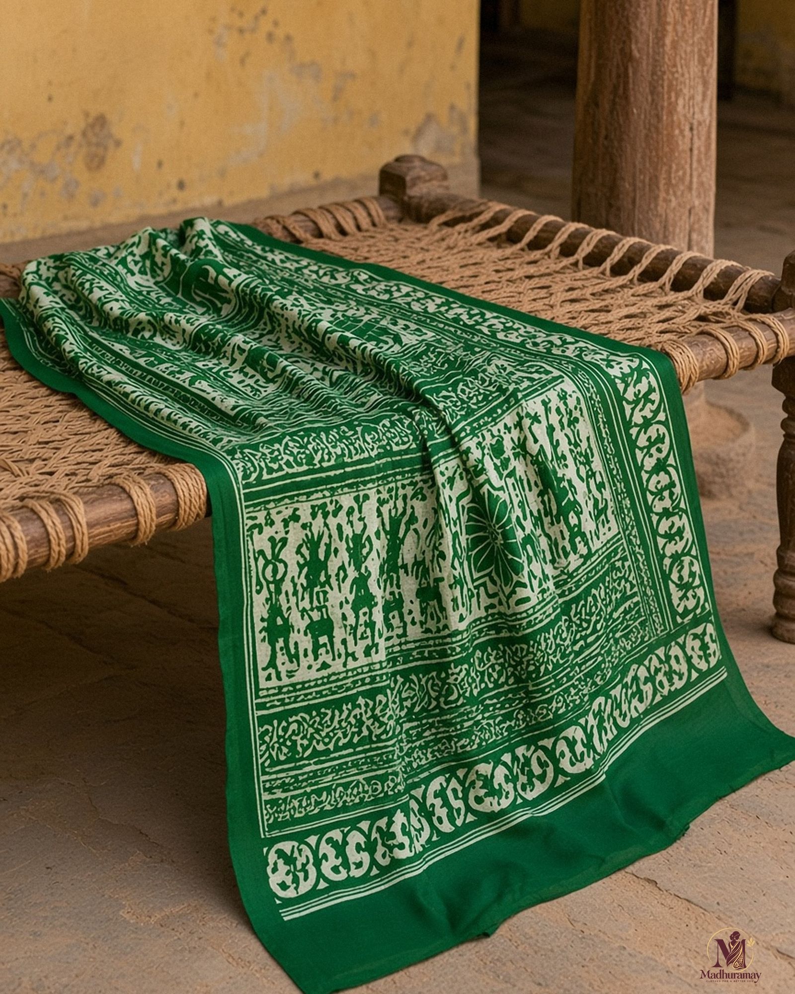 Light Green & White Utsav Kalamkari Elephant Saree, view 5 of 7