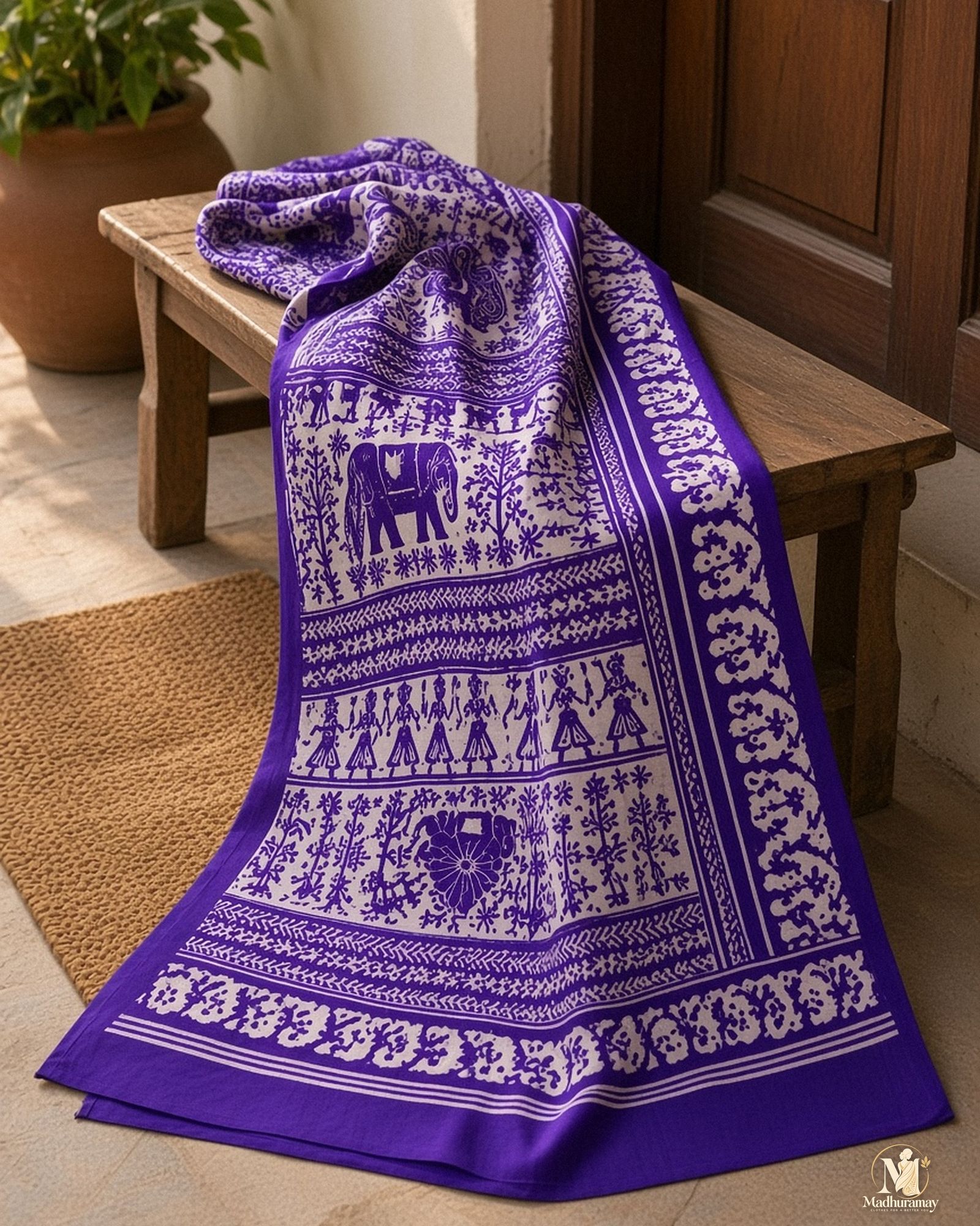 Purple & White Utsav Kalamkari Elephant Saree, view 5 of 7