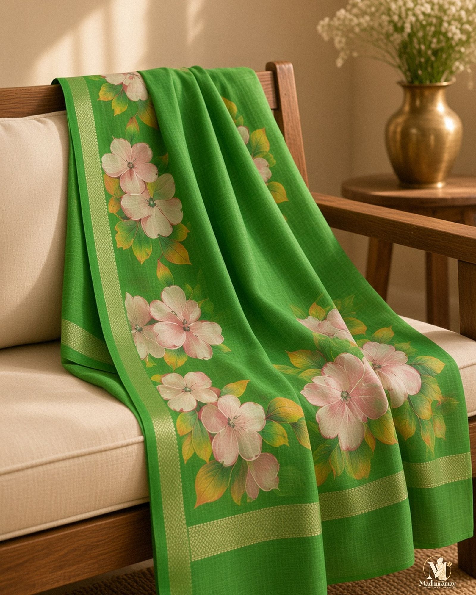 Green Festive Bloom Saree with Zari Border, view 5 of 7