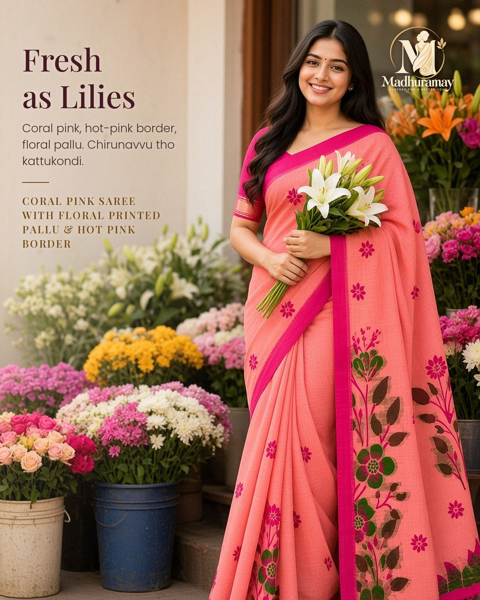 Coral Pink Floral Pallu Festive Saree